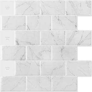 imageArt3d 10Sheet Peel and Stick Backsplash 12 in x 12 in Subway 3D Wall Panels Mono White with Gray GroutWhite Marble