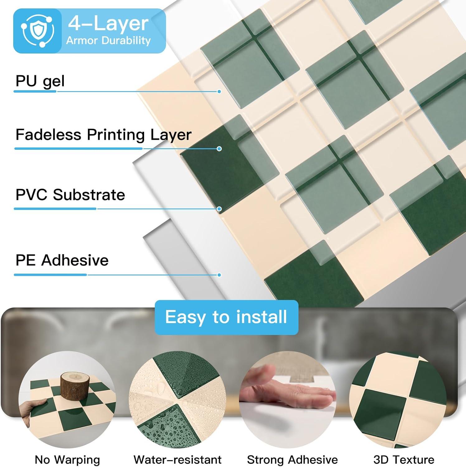 imageArt3d 10Pack HeavyDuty Peel and Stick Backsplash 12x12 Inch SelfAdhesive Wall Tile Stick on Kitchen Countertop Beige and WhiteDarkgreen and Warm White