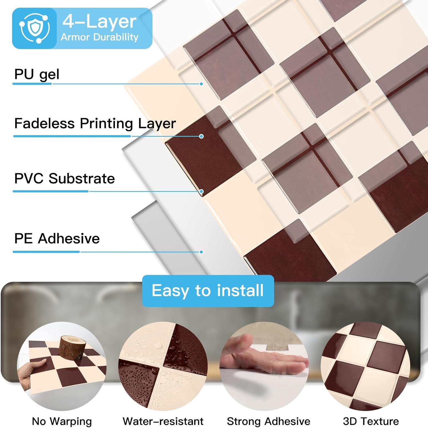 imageArt3d 10Pack HeavyDuty Peel and Stick Backsplash 12x12 Inch SelfAdhesive Wall Tile Stick on Kitchen Countertop Beige and WhiteRedbrown and Warm White