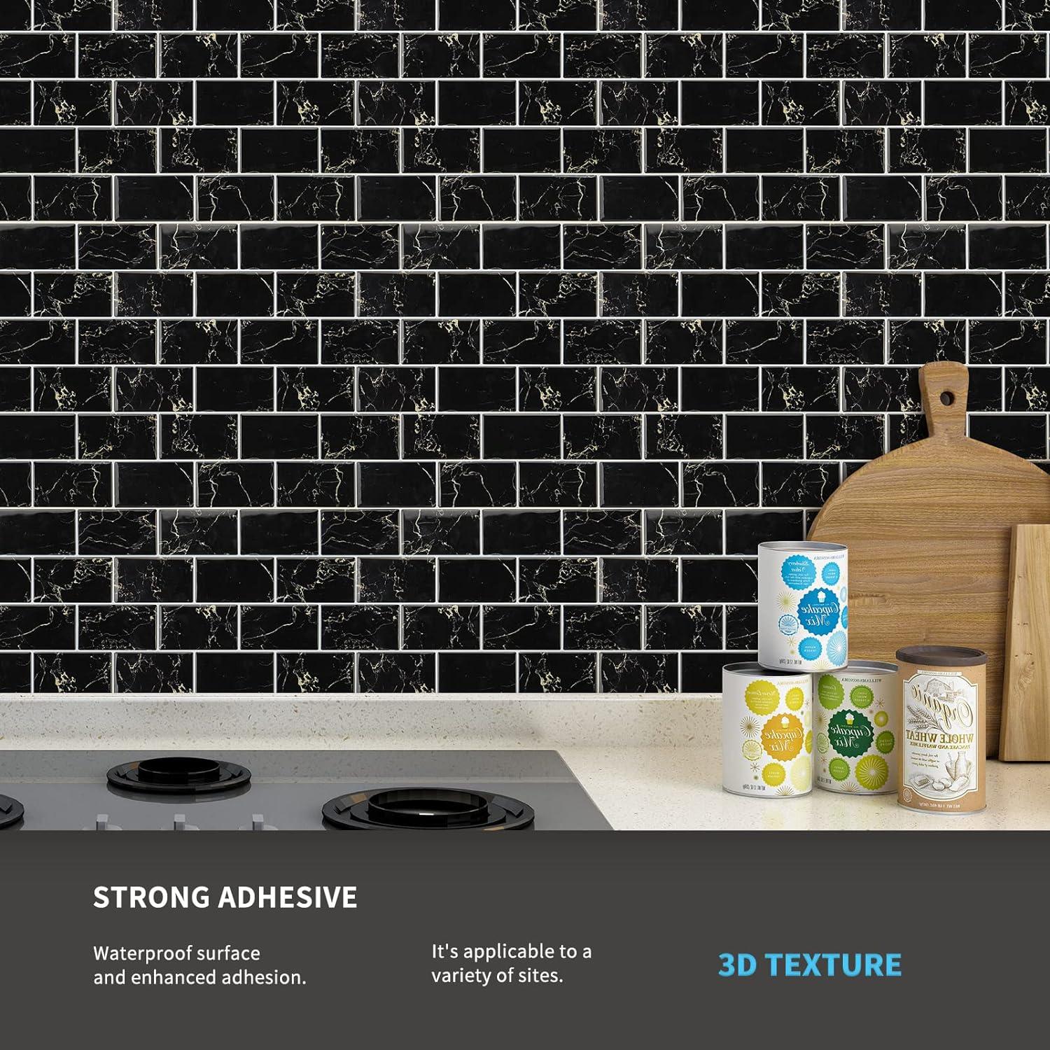 imageArt3d 10Sheet Backsplash Tile for Kitchen Peel and Stick 12quotx12quot Stick on Subway Tiles for Kitchen Bathroom Back Splashes WhiteBlack GroutBlack Marble