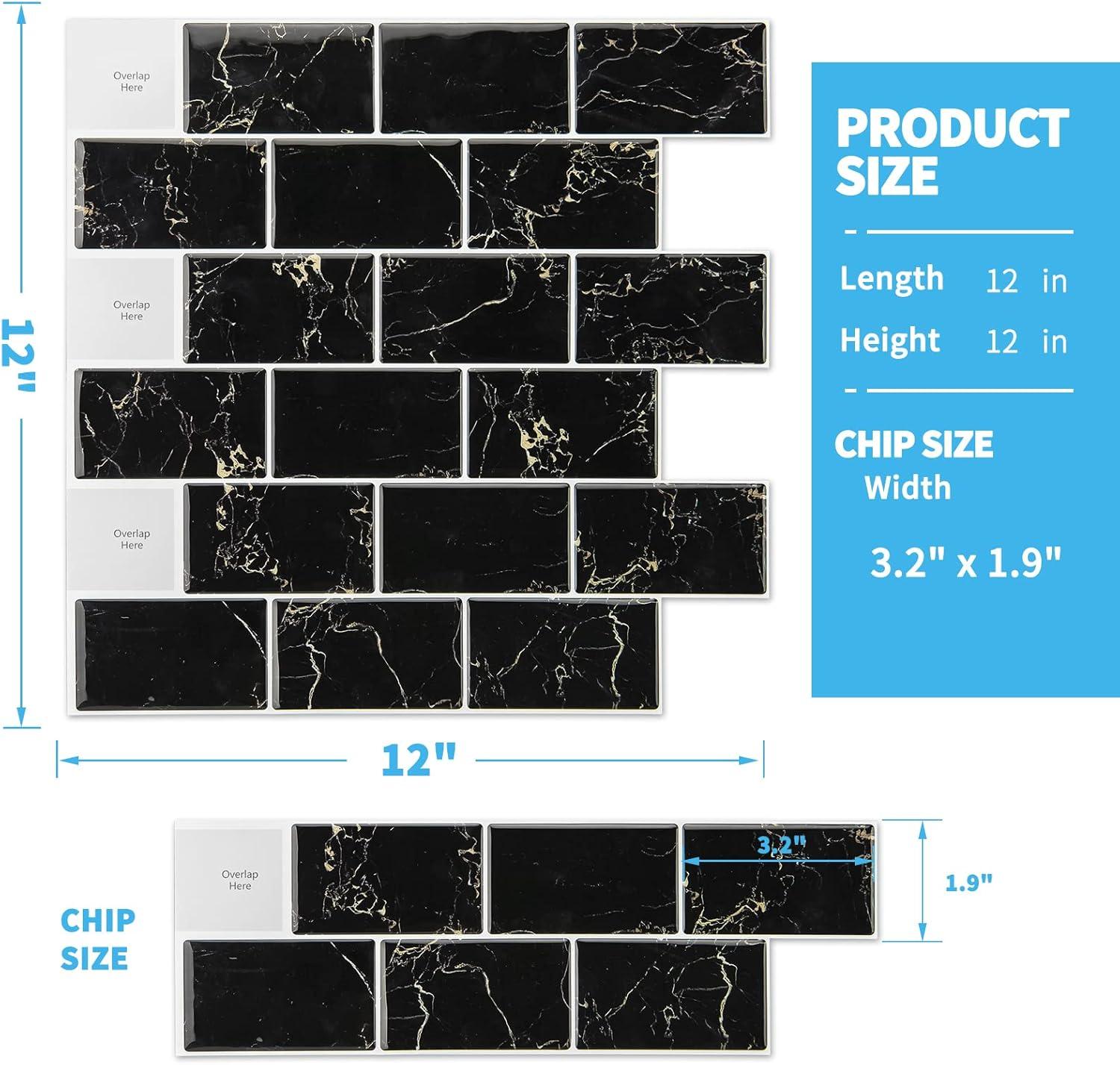 imageArt3d 10Sheet Backsplash Tile for Kitchen Peel and Stick 12quotx12quot Stick on Subway Tiles for Kitchen Bathroom Back Splashes WhiteBlack GroutBlack Marble