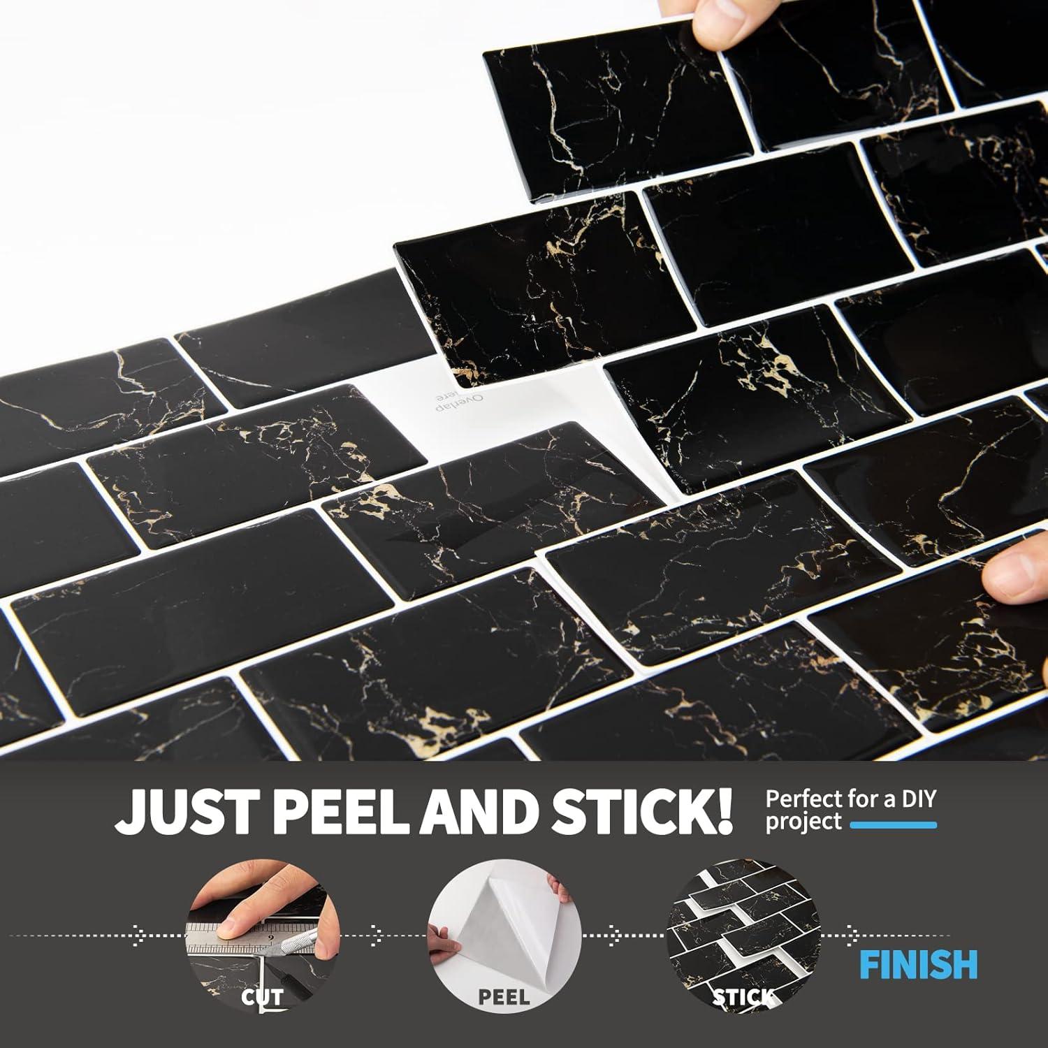 imageArt3d 10Sheet Backsplash Tile for Kitchen Peel and Stick 12quotx12quot Stick on Subway Tiles for Kitchen Bathroom Back Splashes WhiteBlack GroutBlack Marble