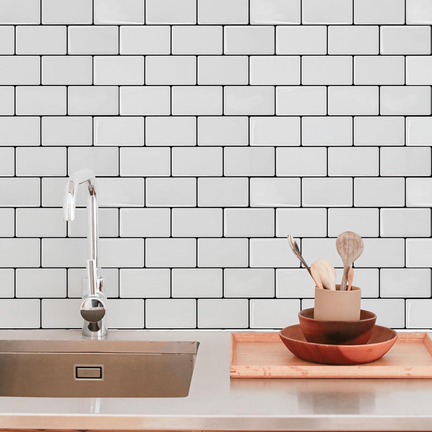 imageArt3d 10Sheet Backsplash Tile for Kitchen Peel and Stick 12quotx12quot Stick on Subway Tiles for Kitchen Bathroom Back Splashes WhiteBlack GroutWhiteblack Grout