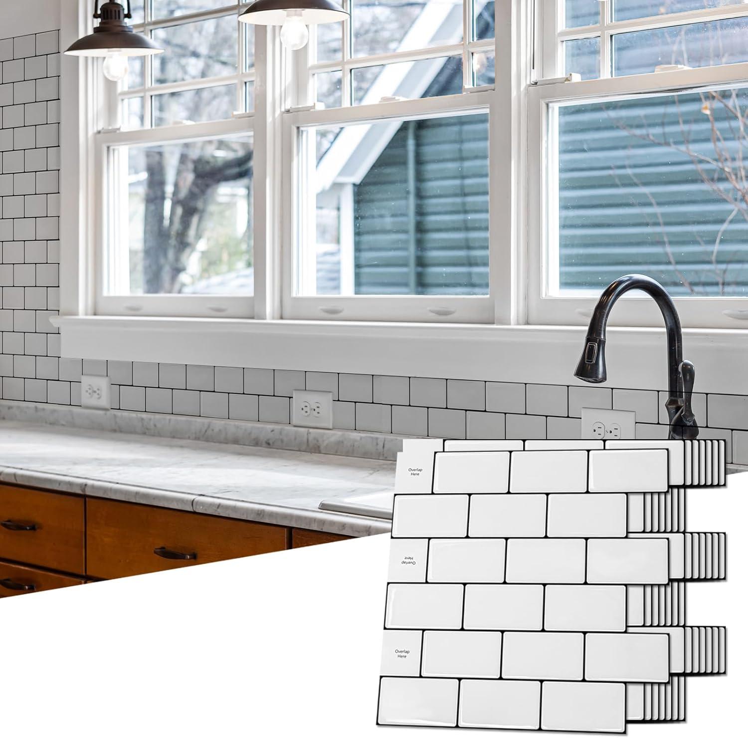imageArt3d 10Sheet Backsplash Tile for Kitchen Peel and Stick 12quotx12quot Stick on Subway Tiles for Kitchen Bathroom Back Splashes WhiteBlack GroutWhiteblack Grout