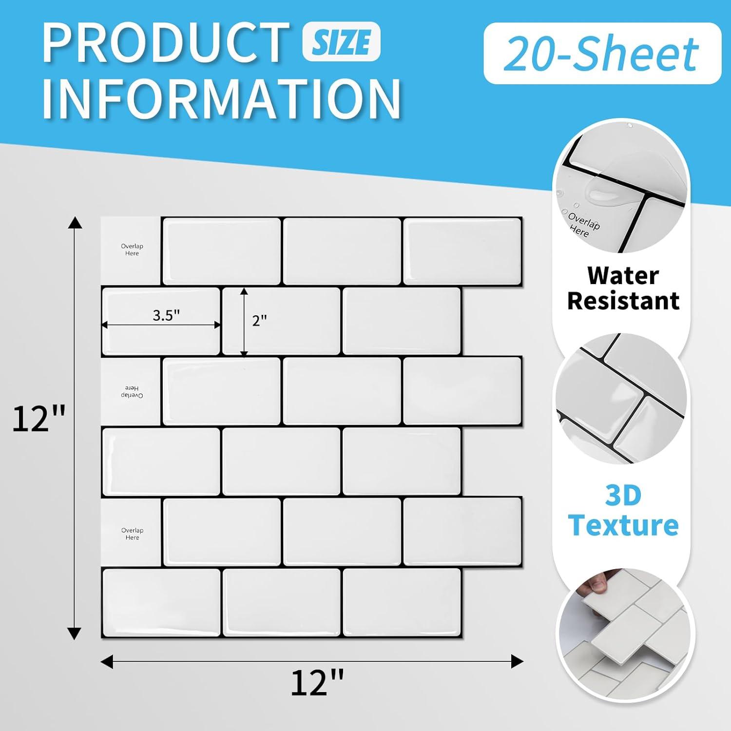 imageArt3d 10Sheet Backsplash Tile for Kitchen Peel and Stick 12quotx12quot Stick on Subway Tiles for Kitchen Bathroom Back Splashes WhiteBlack GroutWhiteblack Grout