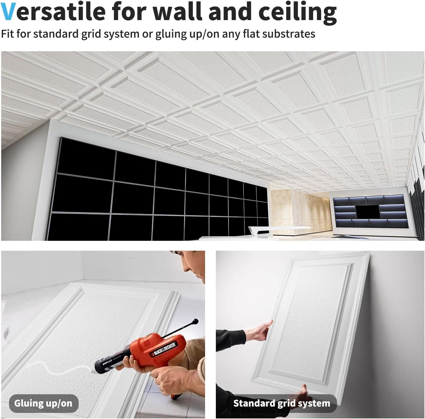 imageArt3d 12Pack Drop Ceiling Tiles 2x4 Ft PVC Decorative Ceiling Covering Panels for Basement Kitchen Bathroom 24x48 Inch Cover 96 Sq Ft Smooth WhiteMatt White