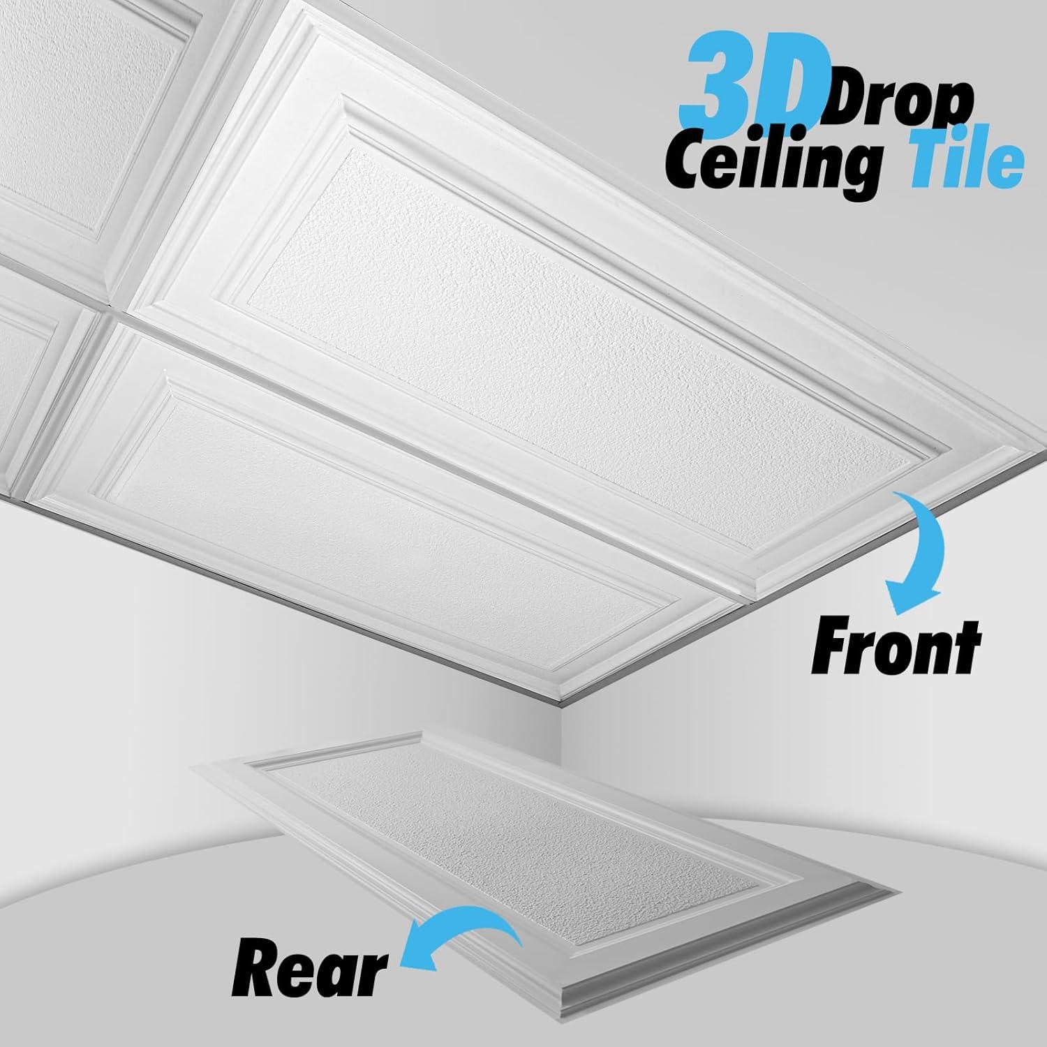 imageArt3d 12Pack Drop Ceiling Tiles 2x4 Ft PVC Decorative Ceiling Covering Panels for Basement Kitchen Bathroom 24x48 Inch Cover 96 Sq Ft Smooth WhiteMatt White