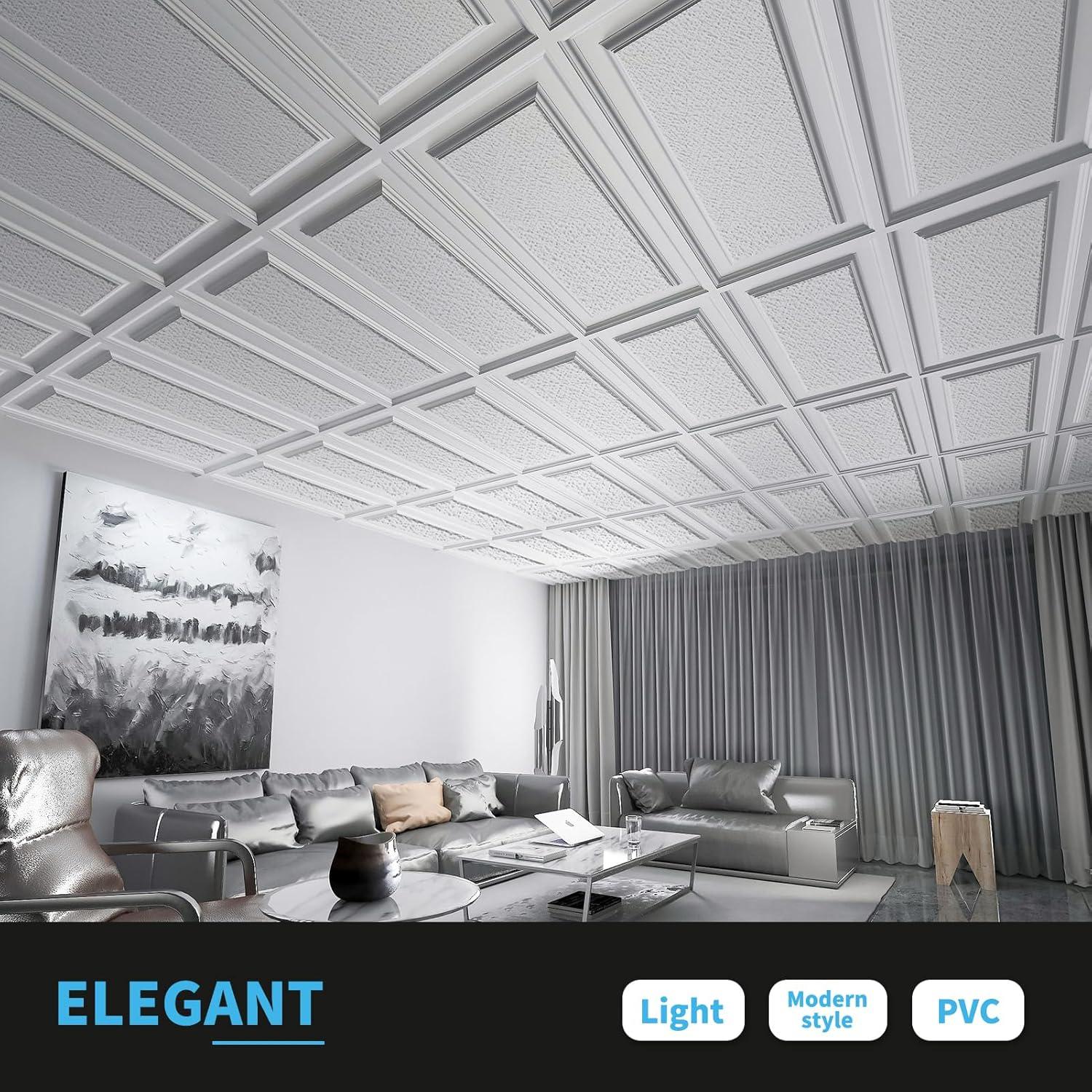 imageArt3d 12Pack Drop Ceiling Tiles 2x4 Ft PVC Decorative Ceiling Covering Panels for Basement Kitchen Bathroom 24x48 Inch Cover 96 Sq Ft Smooth WhiteMatt White