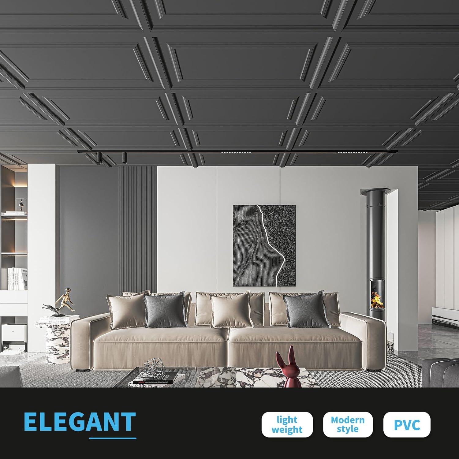 imageArt3d 12Pack Drop Ceiling Tiles 2x4 Ft PVC Decorative Ceiling Covering Panels for Basement Kitchen Bathroom 24x48 Inch Cover 96 Sq Ft Smooth WhiteSmooth Black