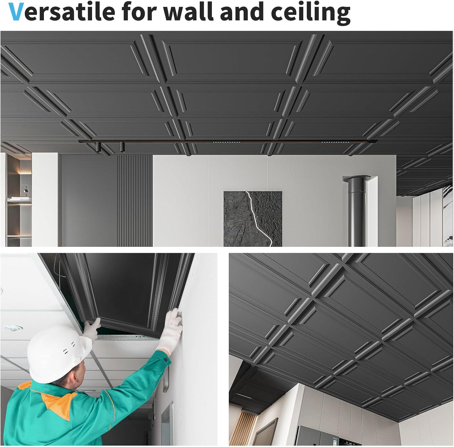 imageArt3d 12Pack Drop Ceiling Tiles 2x4 Ft PVC Decorative Ceiling Covering Panels for Basement Kitchen Bathroom 24x48 Inch Cover 96 Sq Ft Smooth WhiteSmooth Black