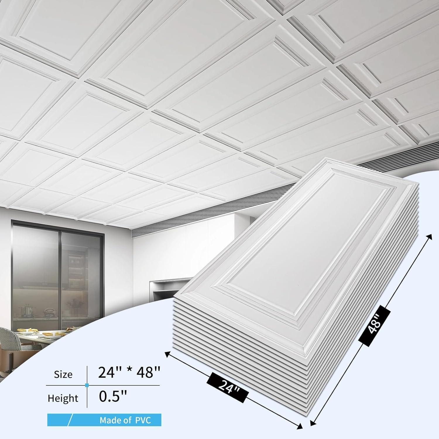 imageArt3d 12Pack Drop Ceiling Tiles 2x4 Ft PVC Decorative Ceiling Covering Panels for Basement Kitchen Bathroom 24x48 Inch Cover 96 Sq Ft Smooth WhiteSmooth White
