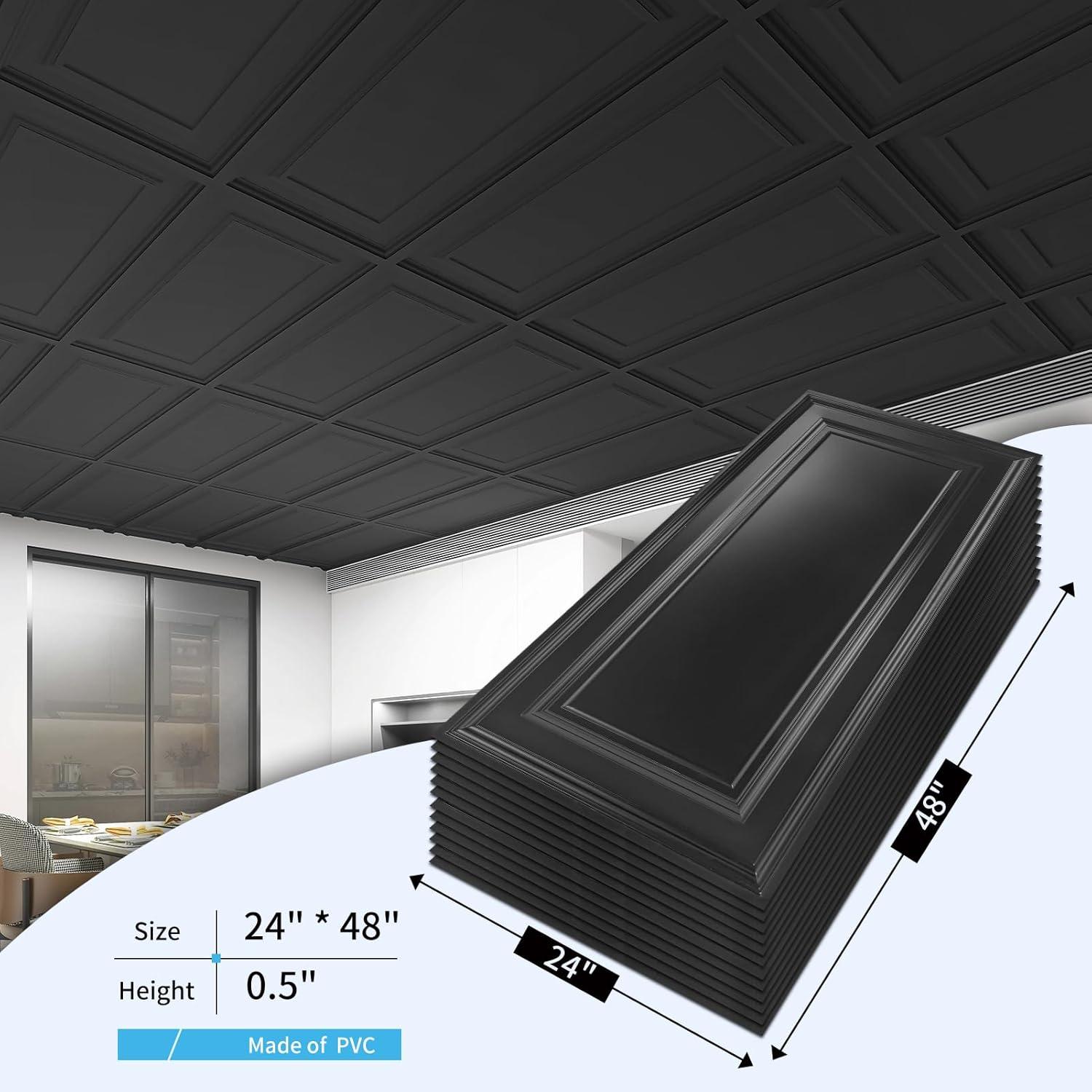 imageArt3d 12Pack Drop Ceiling Tiles 2x4 Ft PVC Decorative Ceiling Covering Panels for Basement Kitchen Bathroom 24x48 Inch Cover 96 Sq Ft Smooth WhiteSmooth Black