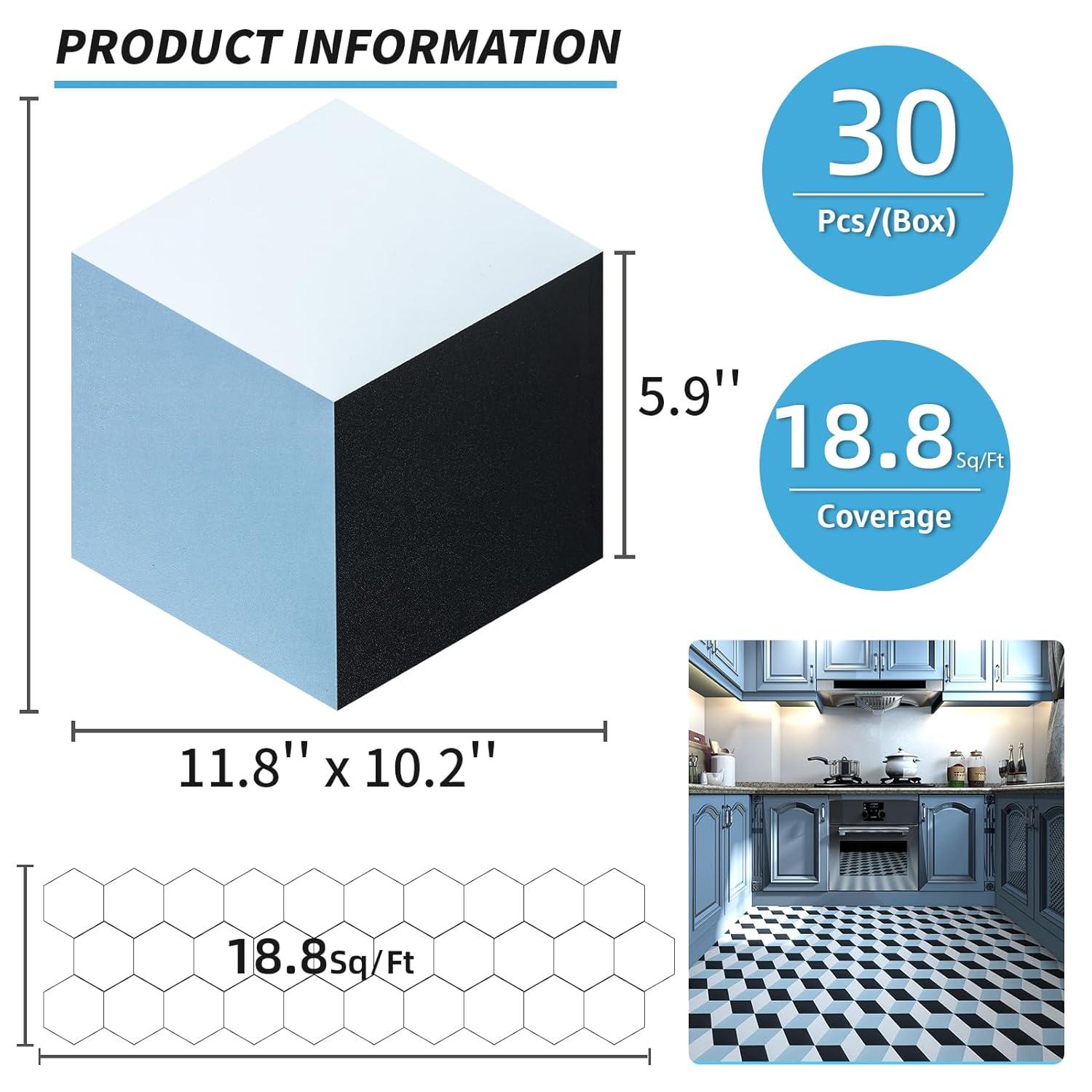 imageArt3d 30Pack Hexagon Peel and Stick Flooring Tile Marble Look Self Adhesive Waterproof Vinyl Floor Tile for Kitchen Bathroom Living Room Bedroom 118quot x 102quot Black MarbleBlueBlackWhite