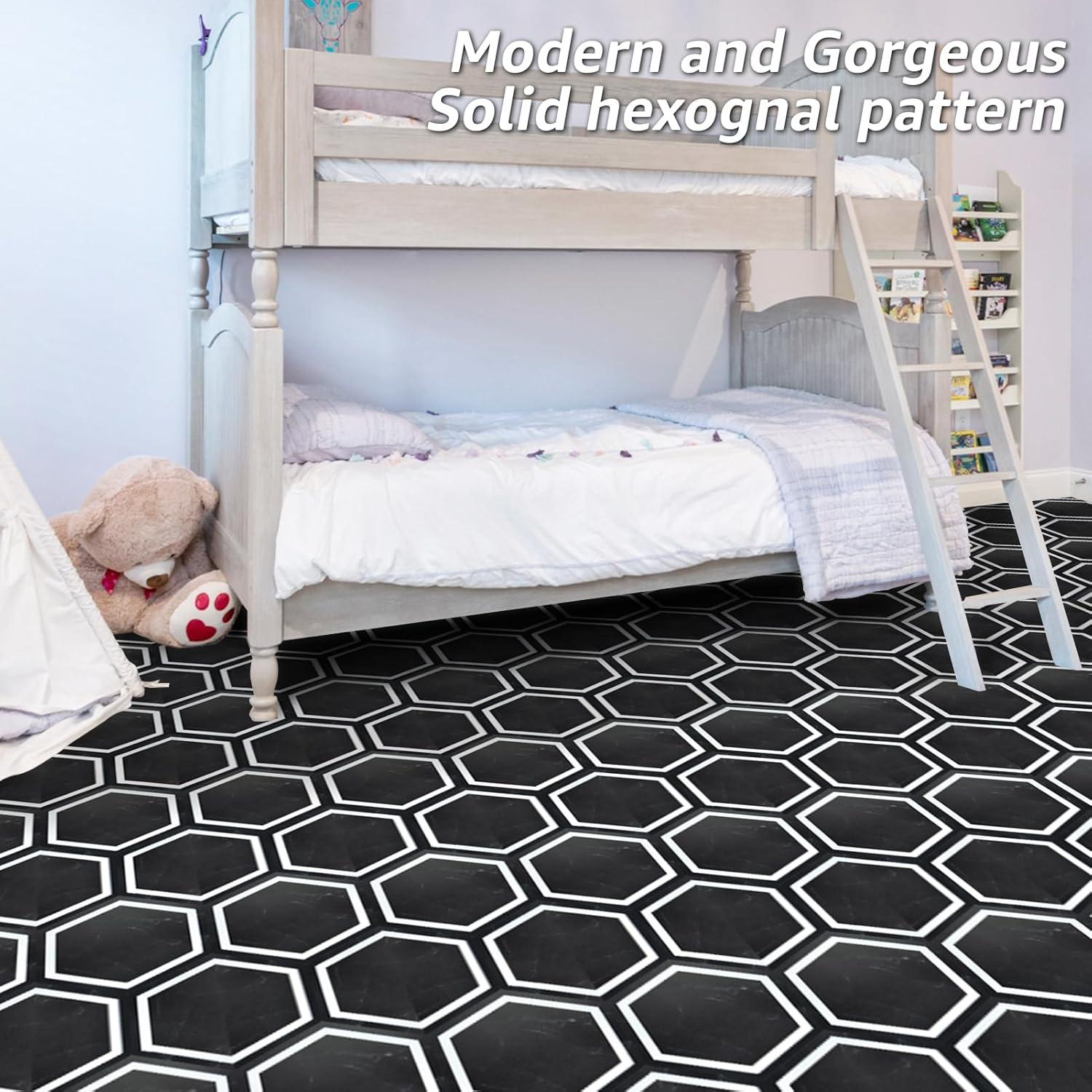 imageArt3d 30Pack Hexagon Peel and Stick Flooring Tile Marble Look Self Adhesive Waterproof Vinyl Floor Tile for Kitchen Bathroom Living Room Bedroom 118quot x 102quot White MarbleBlack Marble