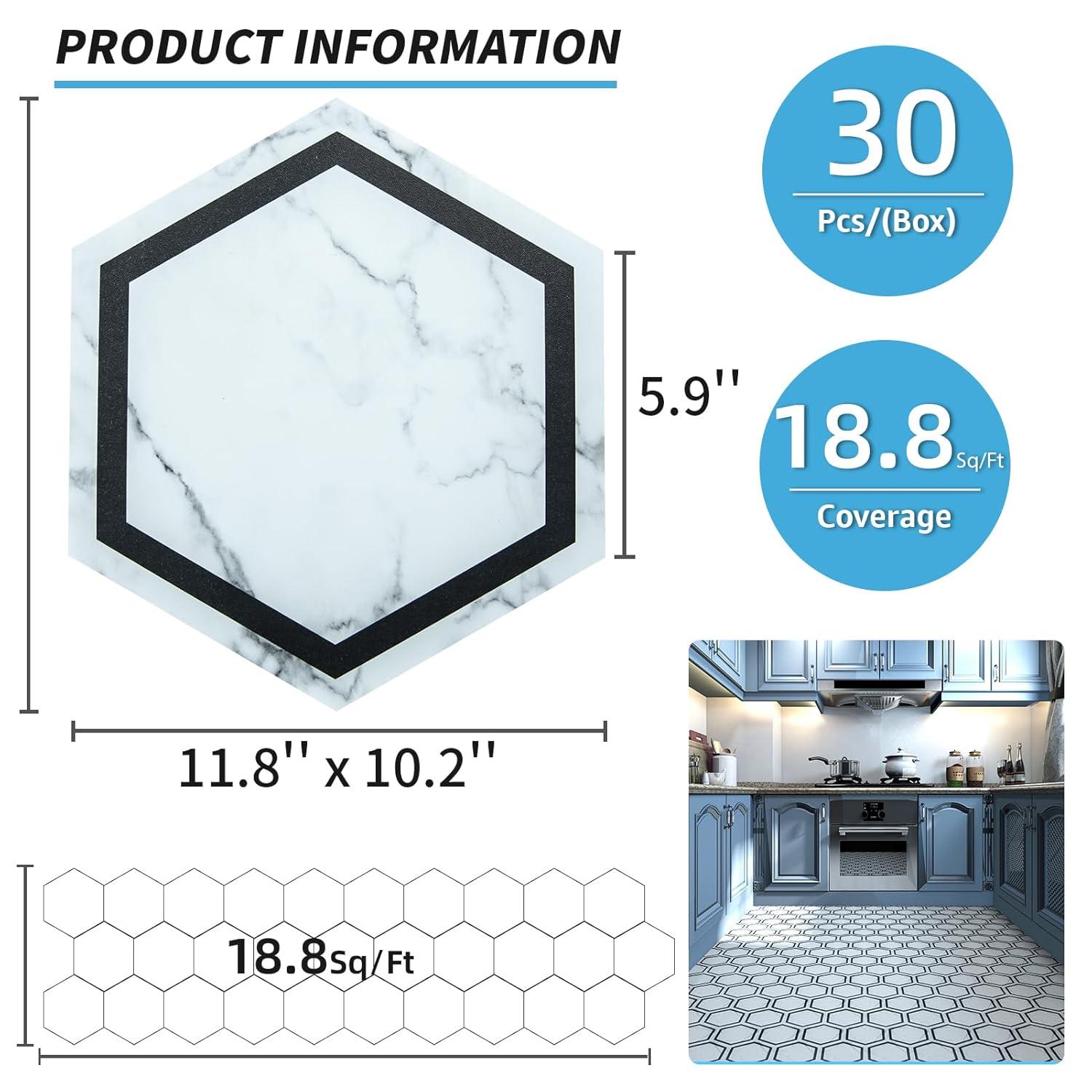 imageArt3d 30Pack Hexagon Peel and Stick Flooring Tile Marble Look Self Adhesive Waterproof Vinyl Floor Tile for Kitchen Bathroom Living Room Bedroom 118quot x 102quot Black MarbleWhite Marble