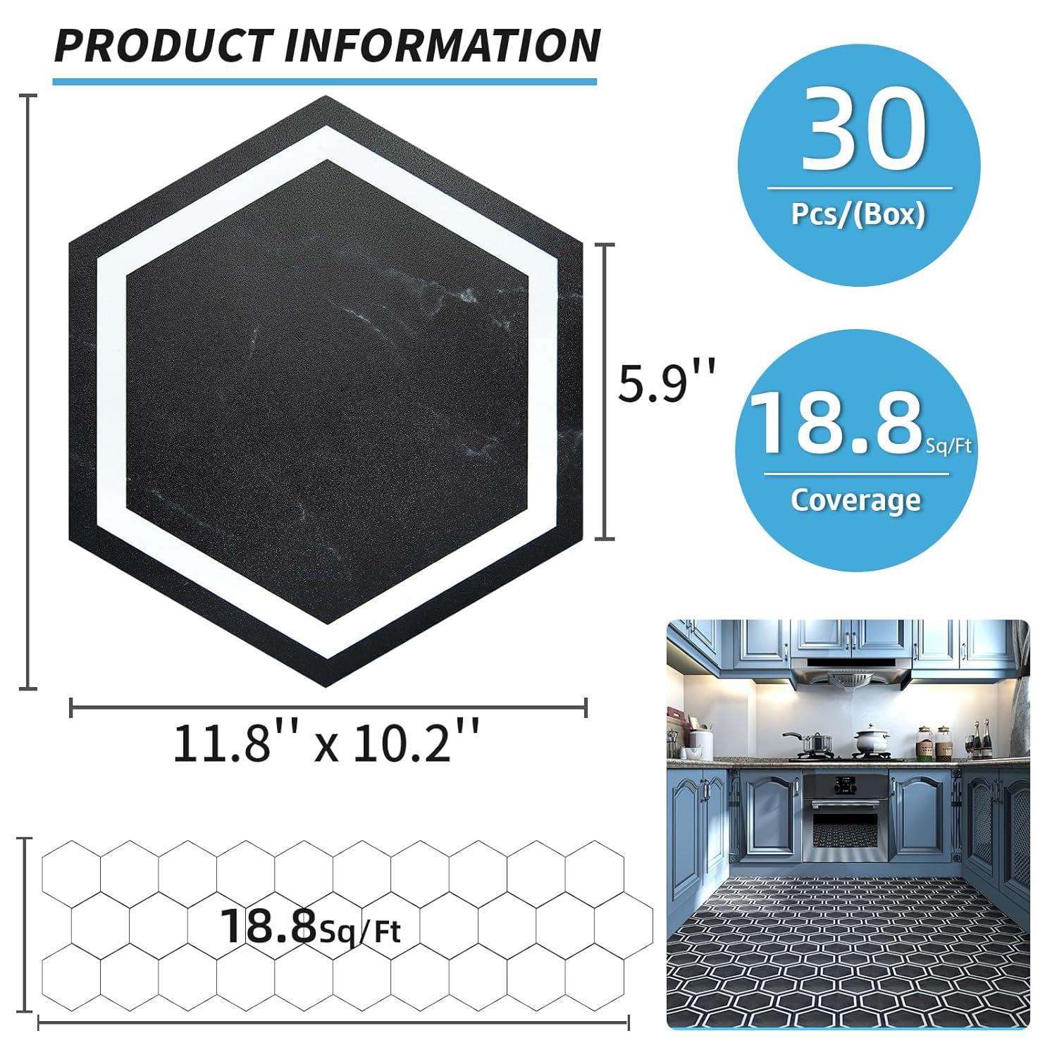 imageArt3d 30Pack Hexagon Peel and Stick Flooring Tile Marble Look Self Adhesive Waterproof Vinyl Floor Tile for Kitchen Bathroom Living Room Bedroom 118quot x 102quot Black MarbleBlack Marble