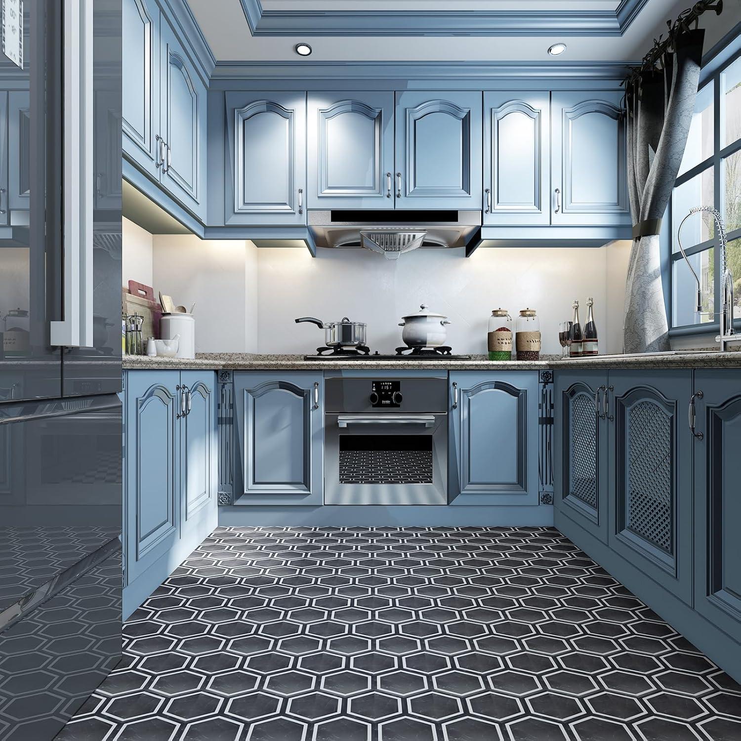 imageArt3d 30Pack Hexagon Peel and Stick Flooring Tile Self Adhesive Waterproof Vinyl Floor Tile for Kitchen Bathroom Living Room Bedroom 118quot x 102quot BlueBlackWhiteBlack Marble
