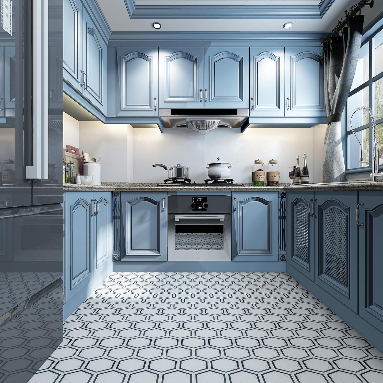 imageArt3d 30Pack Hexagon Peel and Stick Flooring Tile Self Adhesive Waterproof Vinyl Floor Tile for Kitchen Bathroom Living Room Bedroom 118quot x 102quot BlueBlackWhiteWhite Marble