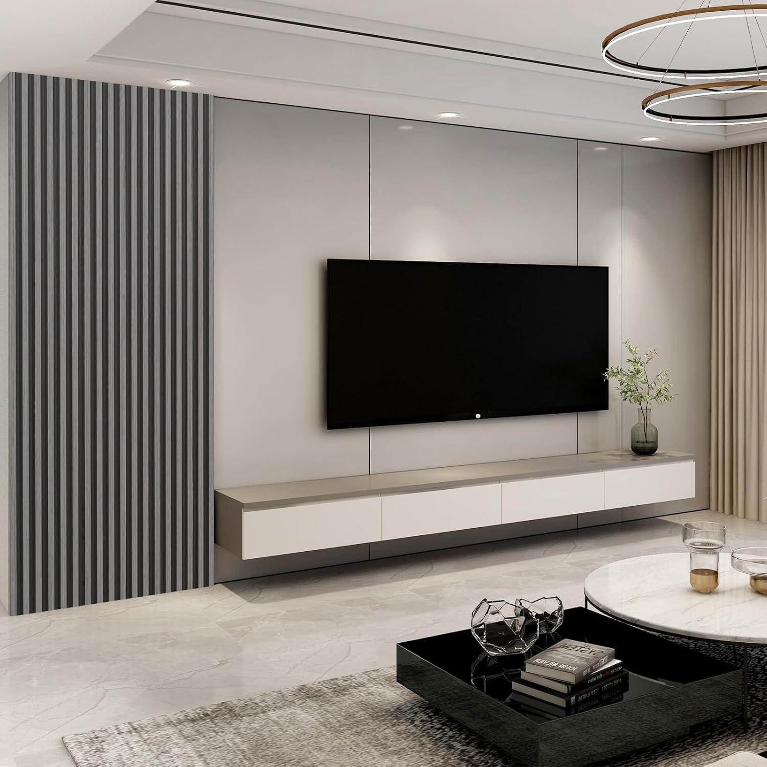 imageArt3d 8Pack WPC Wood Slat Wall Panel for Interior Dcor 3D Wood Fluted Acoustic Wall Paneling for Living Room Bedroom Home ampamp Office Accent Decor  96 x 6 Inch WalnutGray