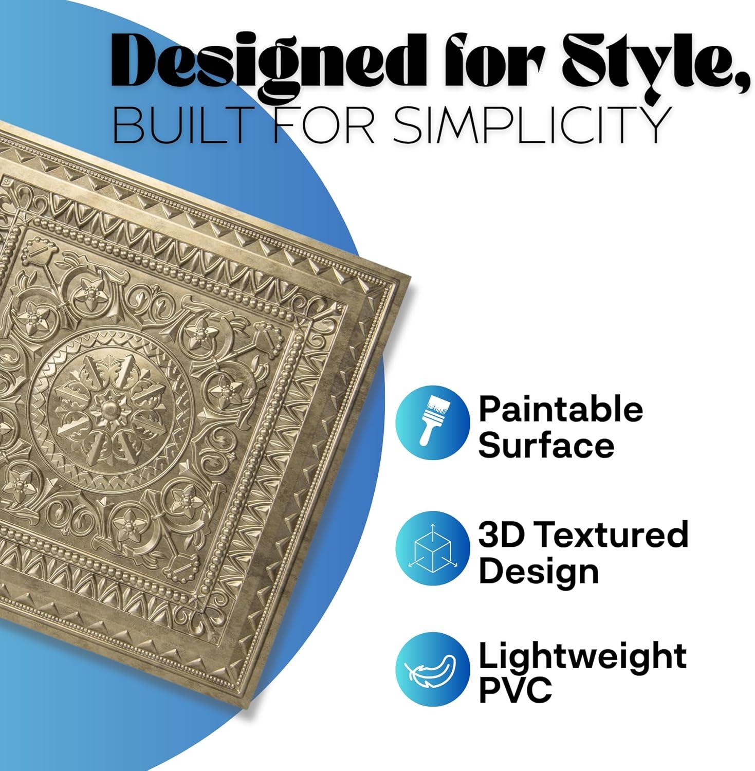 imageArt3d Drop Ceiling Tiles 24x24 Inch 12Pack 48 Sqft  Glue Up PVC Ceiling Tiles 2x2 Ft Decorative Ceiling Panels for Kitchen Living Room Office and Home WhiteGold