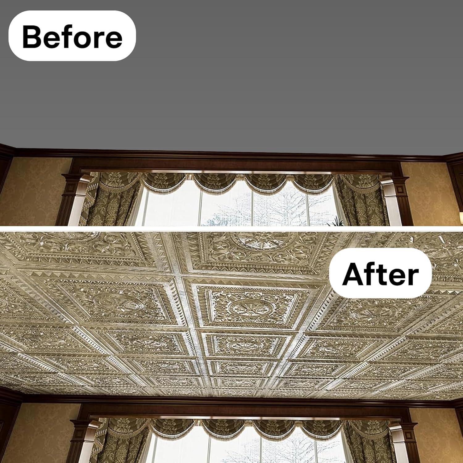 imageArt3d Drop Ceiling Tiles 24x24 Inch 12Pack 48 Sqft  Glue Up PVC Ceiling Tiles 2x2 Ft Decorative Ceiling Panels for Kitchen Living Room Office and Home WhiteGold
