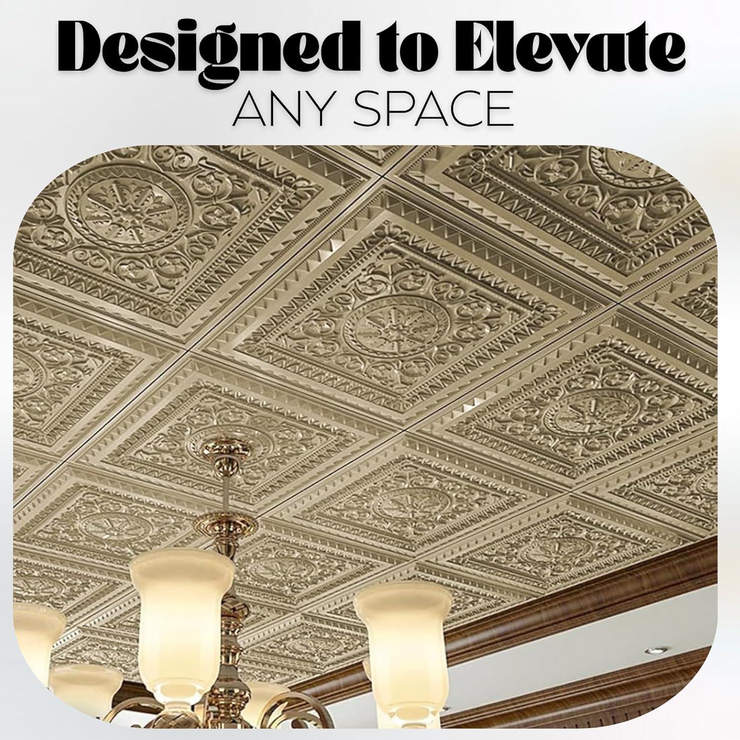 imageArt3d Drop Ceiling Tiles 24x24 Inch 12Pack 48 Sqft  Glue Up PVC Ceiling Tiles 2x2 Ft Decorative Ceiling Panels for Kitchen Living Room Office and Home WhiteGold