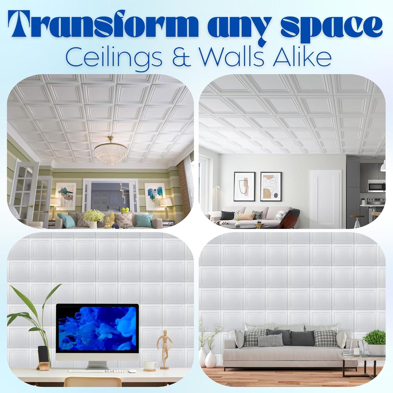 imageArt3d Drop Ceiling Tiles 24x24 Inch 12Pack 48 Sqft  Glue Up PVC Ceiling Tiles 2x2 Ft Decorative Ceiling Panels for Kitchen Living Room Office and Home WhiteBright White