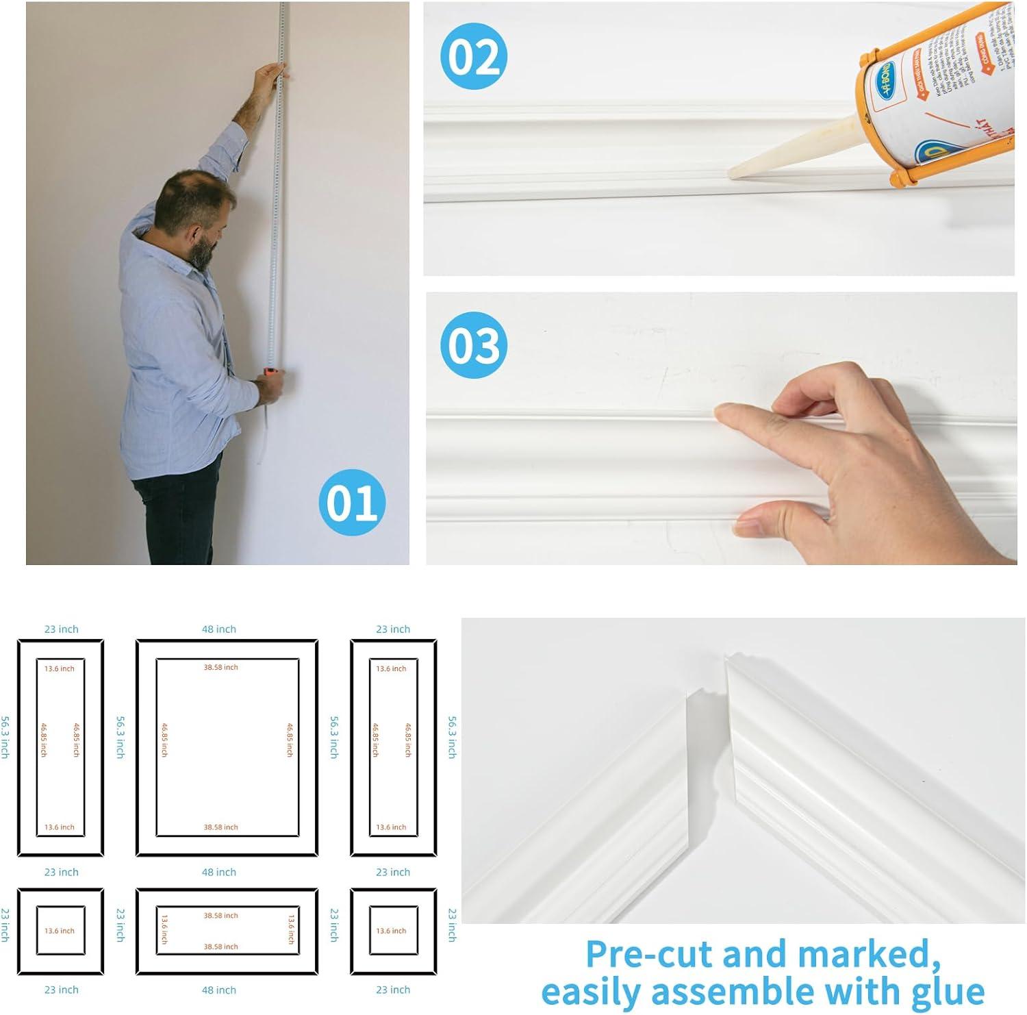 imageArt3d Premade Bilinear Frame Accent Molding Set PreCut Decorative Wainscoting Panel for Home Dcor ReadytoAssemble GlueOn Wall Trim for Living Room Bedroom Corridor 3 Whole Bilinear FrameWhite  Style 1