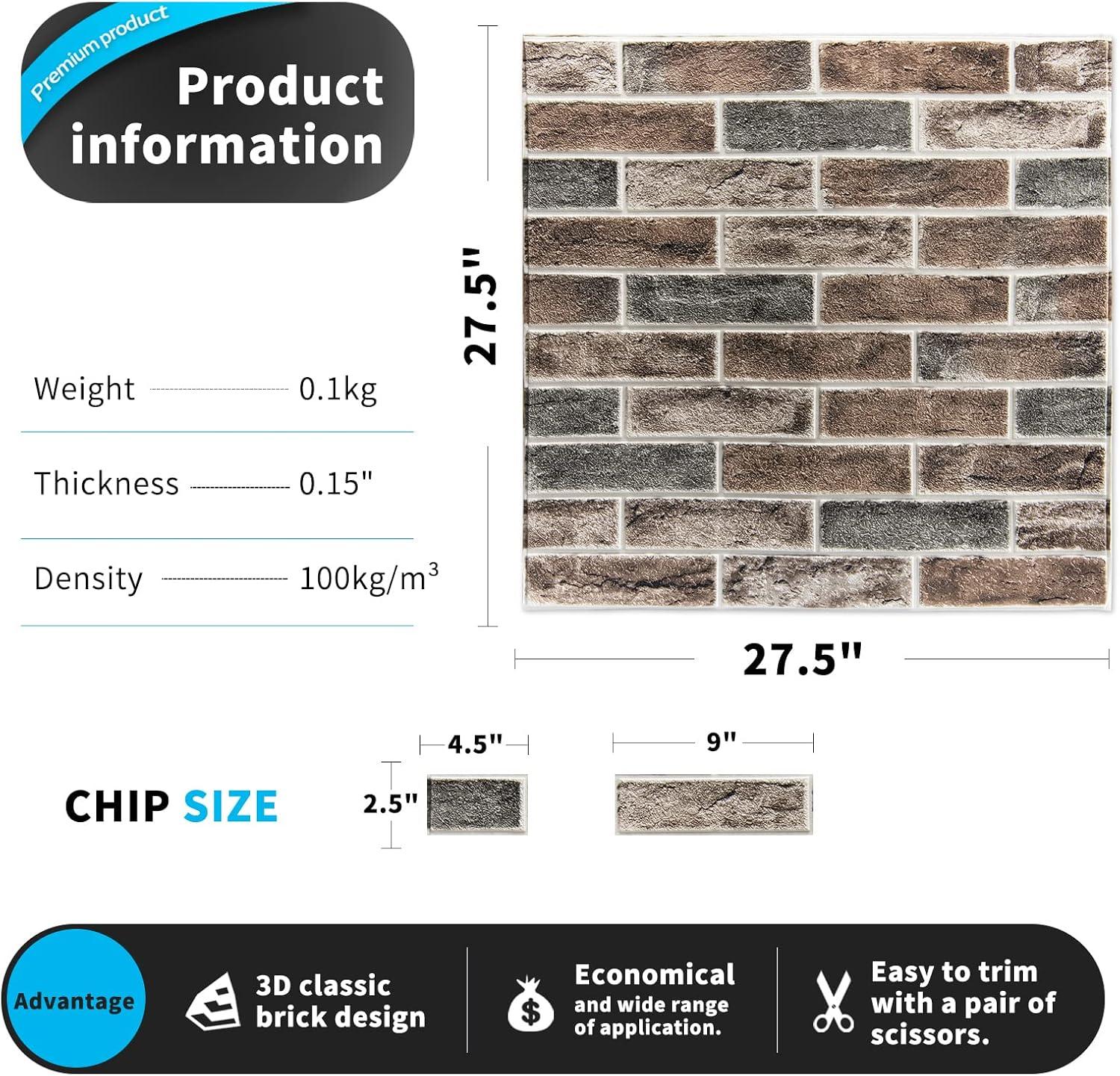 imageArt3d 10Pack 525 SqFt Faux Brick 3D Wall Panels Peel and Stick in Red Brown Self Adhesive Waterproof Foam Wallpaper for Bedroom Bathroom KitchenGrayBrown