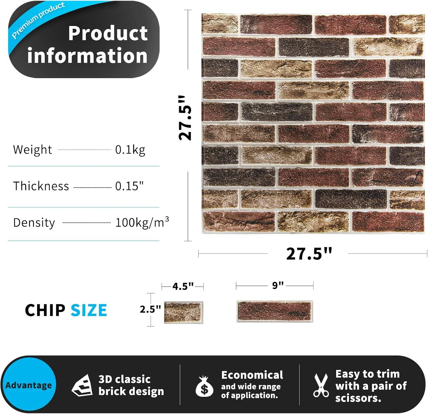 imageArt3d 10Pack 525 SqFt Faux Brick 3D Wall Panels Peel and Stick in Red Brown Self Adhesive Waterproof Foam Wallpaper for Bedroom Bathroom KitchenRed brown