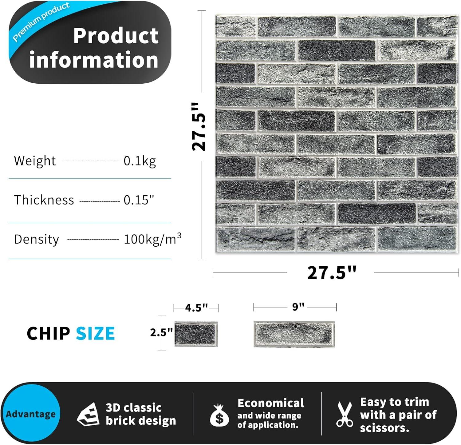 imageArt3d 10Pack 525 SqFt Faux Brick 3D Wall Panels Peel and Stick in Red Brown Self Adhesive Waterproof Foam Wallpaper for Bedroom Bathroom KitchenStone ash