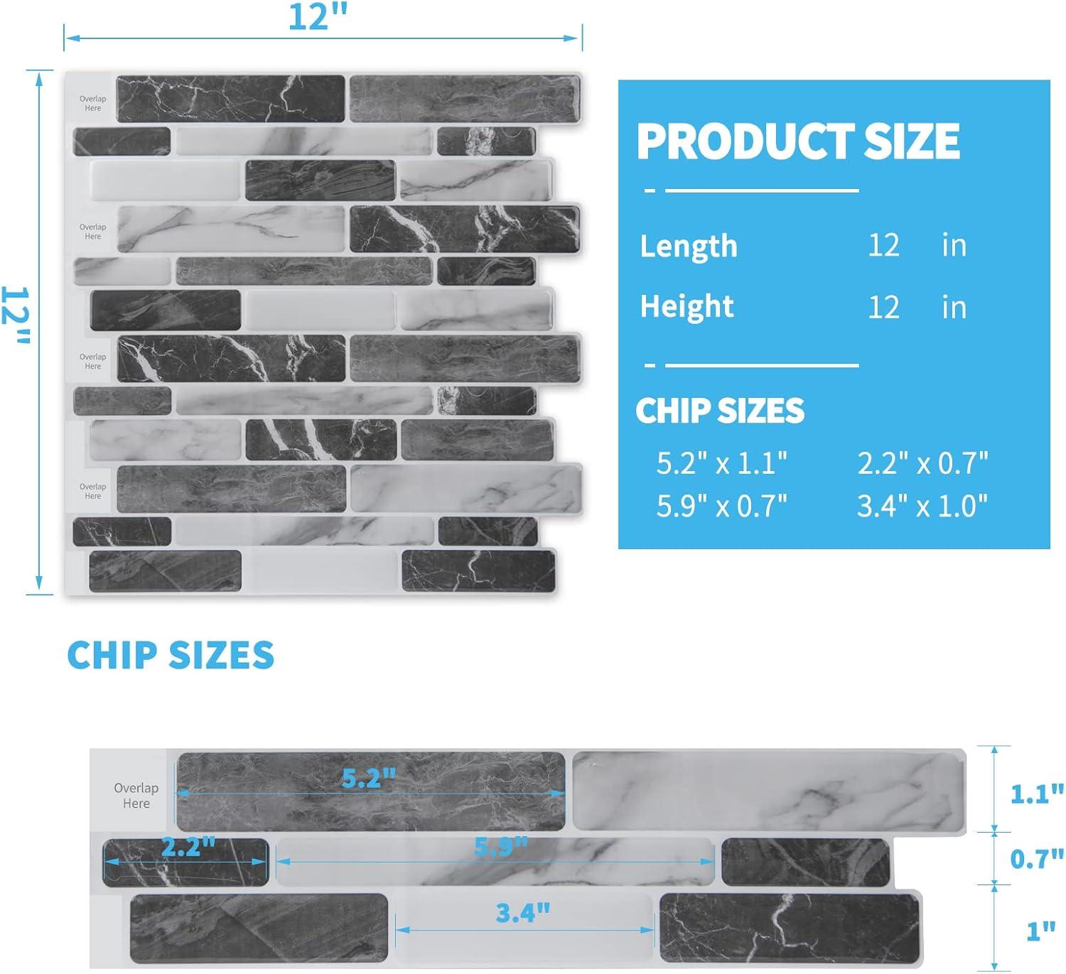 imageArt3d 10Sheet Peel and Stick Backsplash 12 in x 12in Blue Marble DesignDark Gray