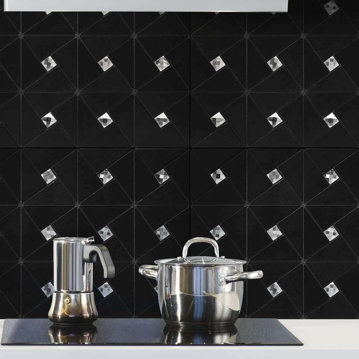 imageArt3d 10Sheet Peel and Stick Backsplash Metal Mosaic Tiles for Kitchen Wall Decor Stick on Aluminum Composite Tiles Stikers Black Windmill Puzzle Glass Mixed