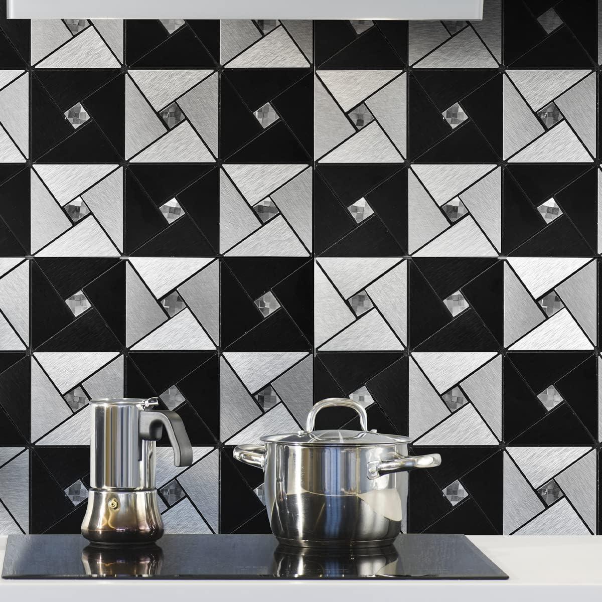 imageArt3d 10Sheet Peel and Stick Backsplash Metal Mosaic Tiles for Kitchen Wall Decor Stick on Aluminum Composite Tiles Stikers BlackampampSilver Windmill Puzzle Glass MixedBlackSilver