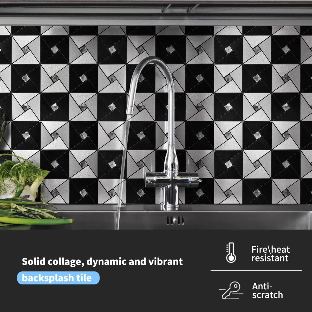 imageArt3d 10Sheet Peel and Stick Backsplash Metal Mosaic Tiles for Kitchen Wall Decor Stick on Aluminum Composite Tiles Stikers BlackampampSilver Windmill Puzzle Glass MixedBlackSilver