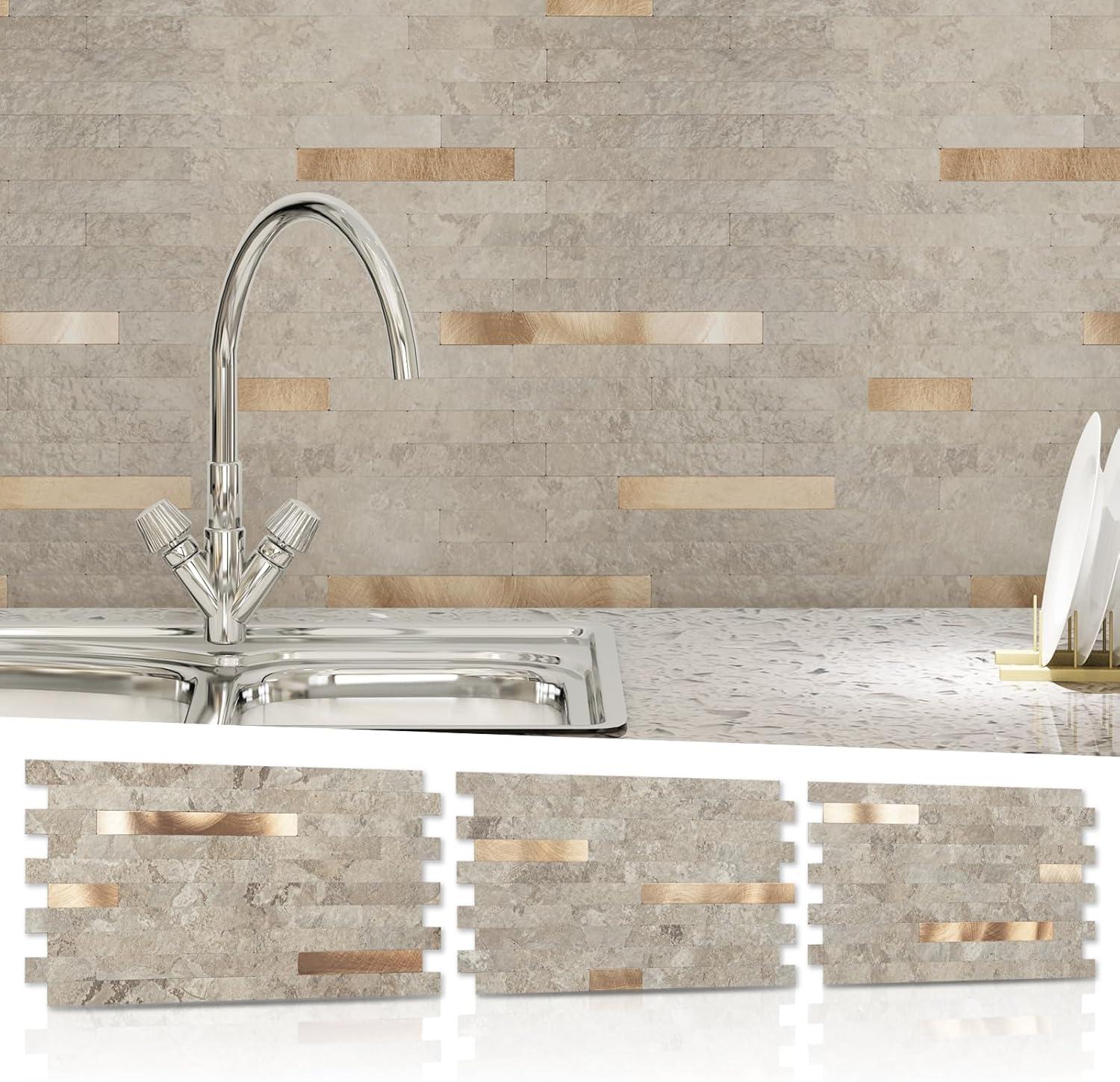 imageArt3d 10Sheet Peel and Stick Backsplash Tile for Kitchen Bathroom Fireplace Laundry Room in White Marble ToneEcru Slate