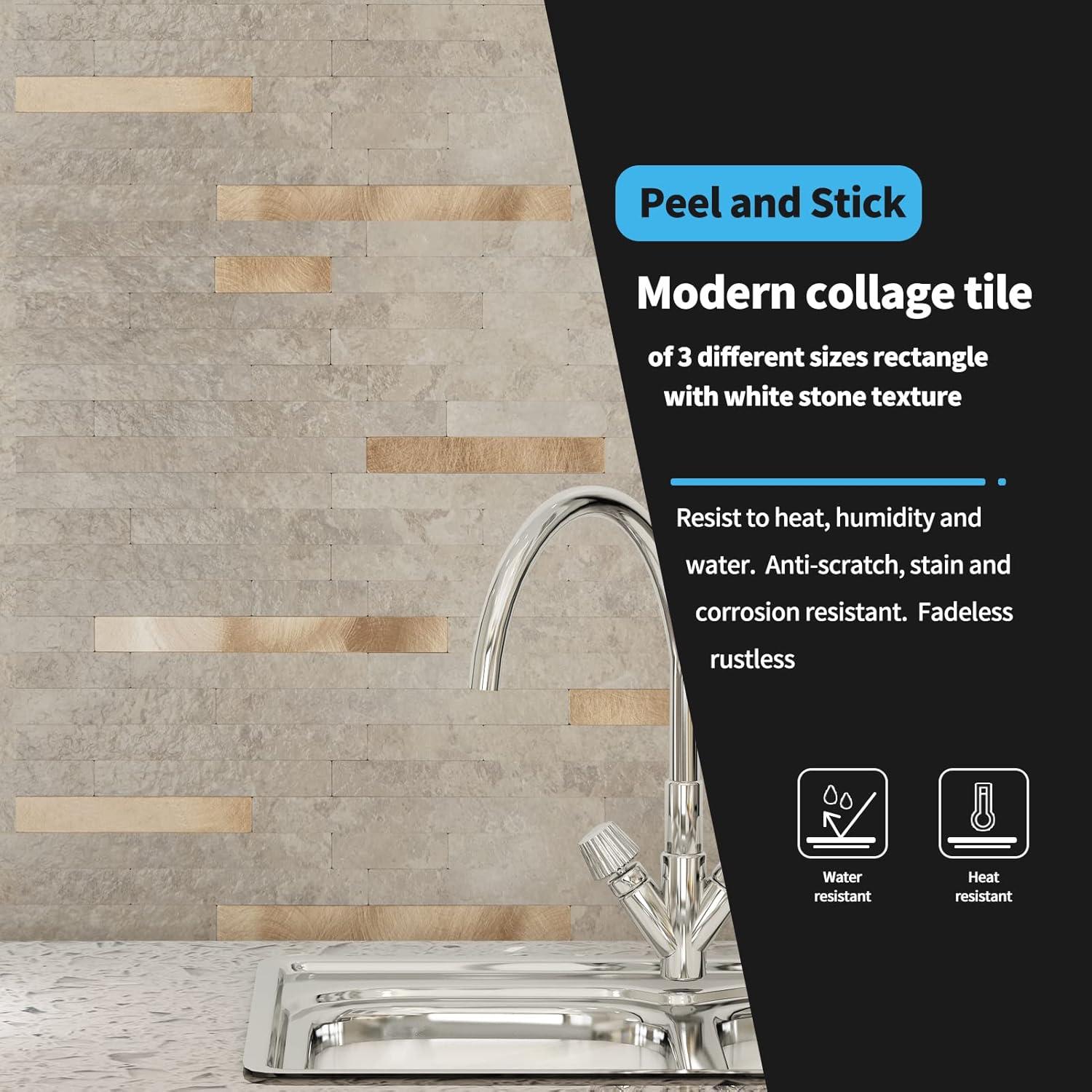 imageArt3d 10Sheet Peel and Stick Backsplash Tile for Kitchen Bathroom Fireplace Laundry Room in White Marble ToneEcru Slate