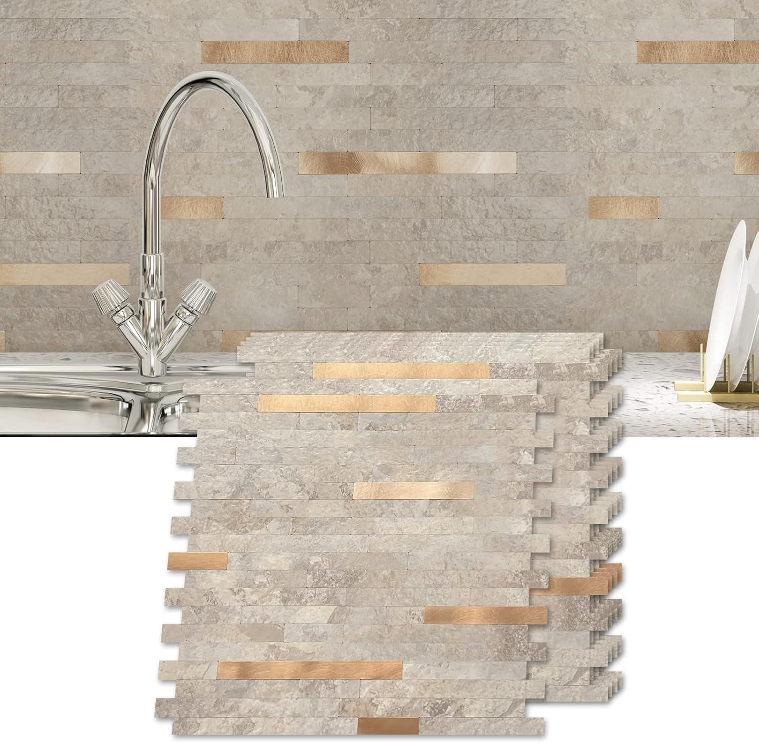 imageArt3d 10Sheet Peel and Stick Backsplash Tile for Kitchen Bathroom Fireplace Laundry Room in White Marble ToneEcru Slate