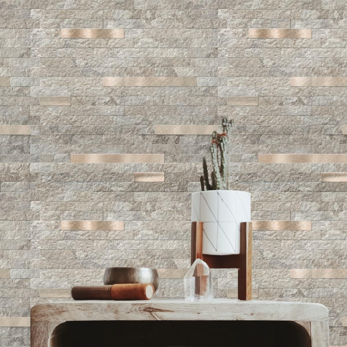imageArt3d 10Sheet Peel and Stick Backsplash Tile for Kitchen Bathroom Fireplace Laundry Room in White Marble ToneEcru Slate