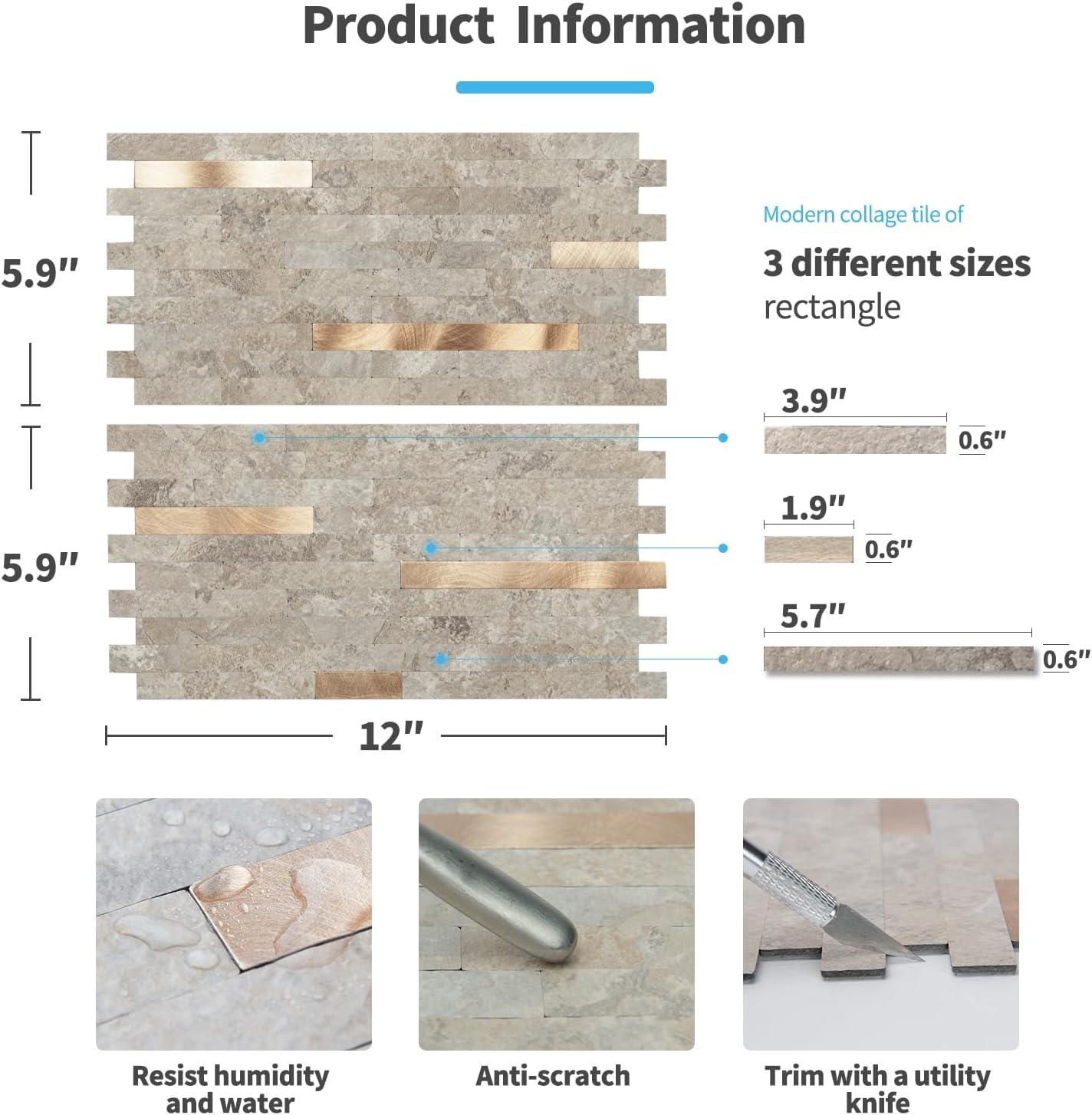imageArt3d 10Sheet Peel and Stick Backsplash Tile for Kitchen Bathroom Fireplace Laundry Room in White Marble ToneEcru Slate