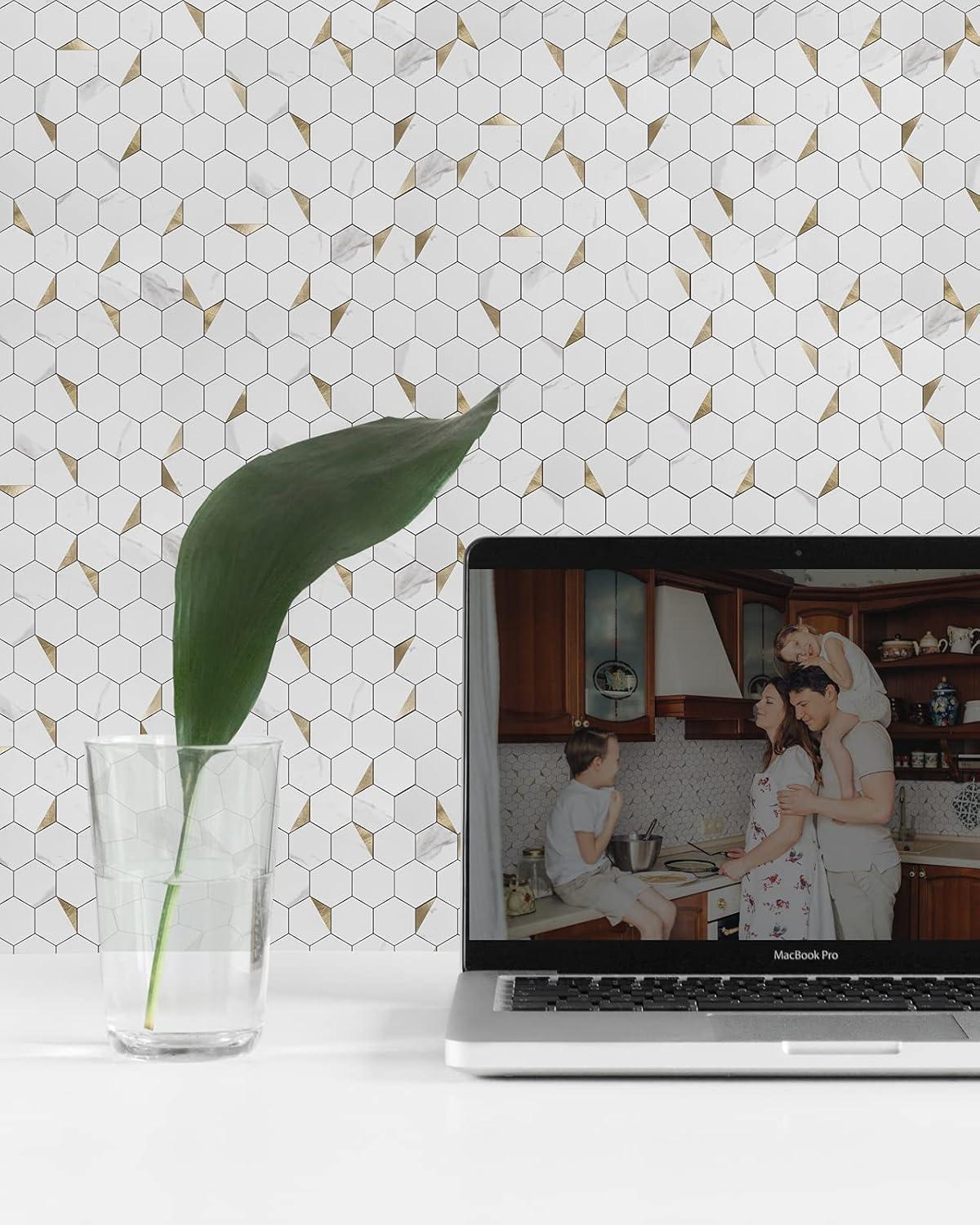 imageArt3d 10Sheet Peel and Stick Backsplash for Kitchen Dcor SelfAdhesive Tile Hexagon Mosaic TilesGold Studded