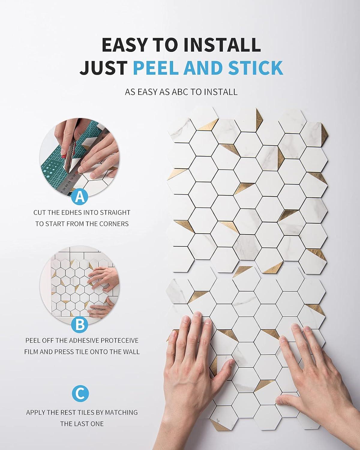 imageArt3d 10Sheet Peel and Stick Backsplash for Kitchen Dcor SelfAdhesive Tile Hexagon Mosaic TilesGold Studded