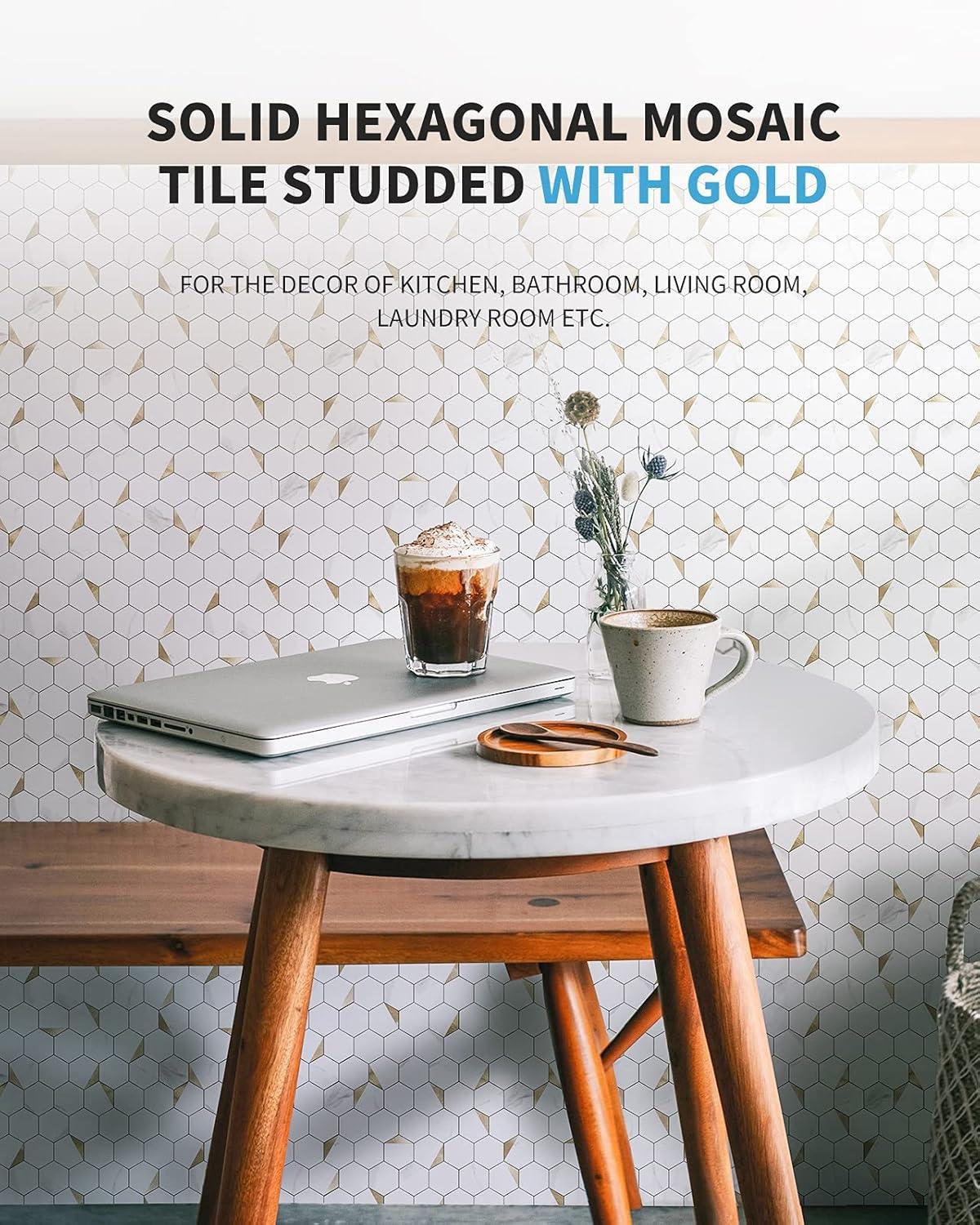 imageArt3d 10Sheet Peel and Stick Backsplash for Kitchen Dcor SelfAdhesive Tile Hexagon Mosaic TilesGold Studded