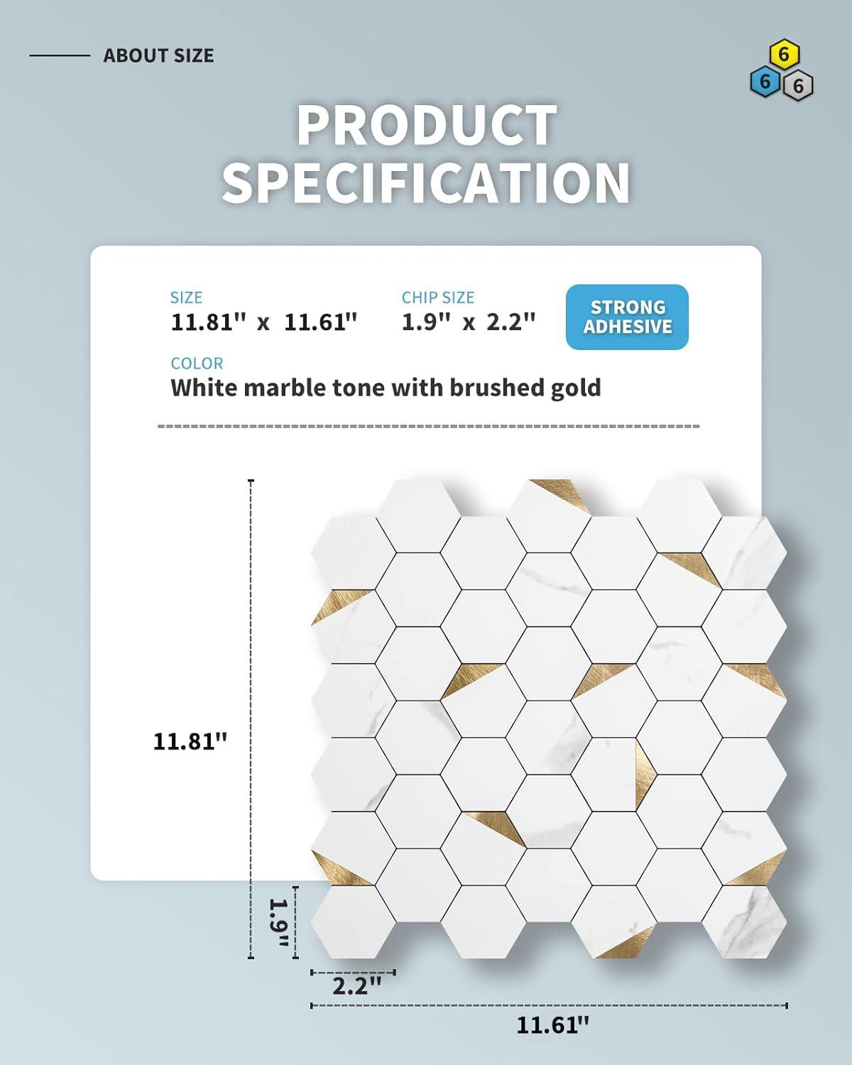 imageArt3d 10Sheet Peel and Stick Backsplash for Kitchen Dcor SelfAdhesive Tile Hexagon Mosaic TilesGold Studded