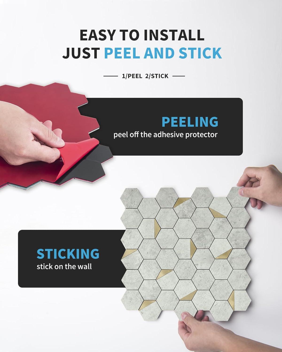 imageArt3d 10Sheet Peel and Stick Backsplash for Kitchen Dcor SelfAdhesive Tile Hexagon Mosaic TilesGray with Gold Metal