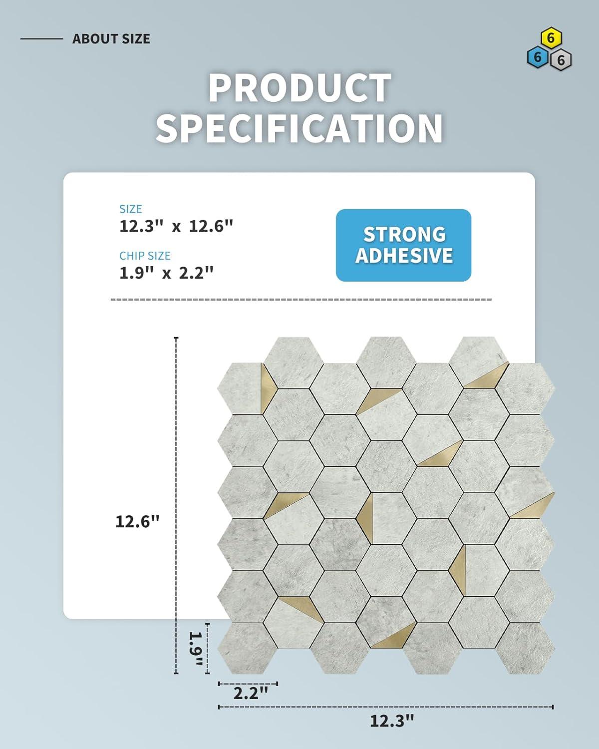 imageArt3d 10Sheet Peel and Stick Backsplash for Kitchen Dcor SelfAdhesive Tile Hexagon Mosaic TilesGray with Gold Metal