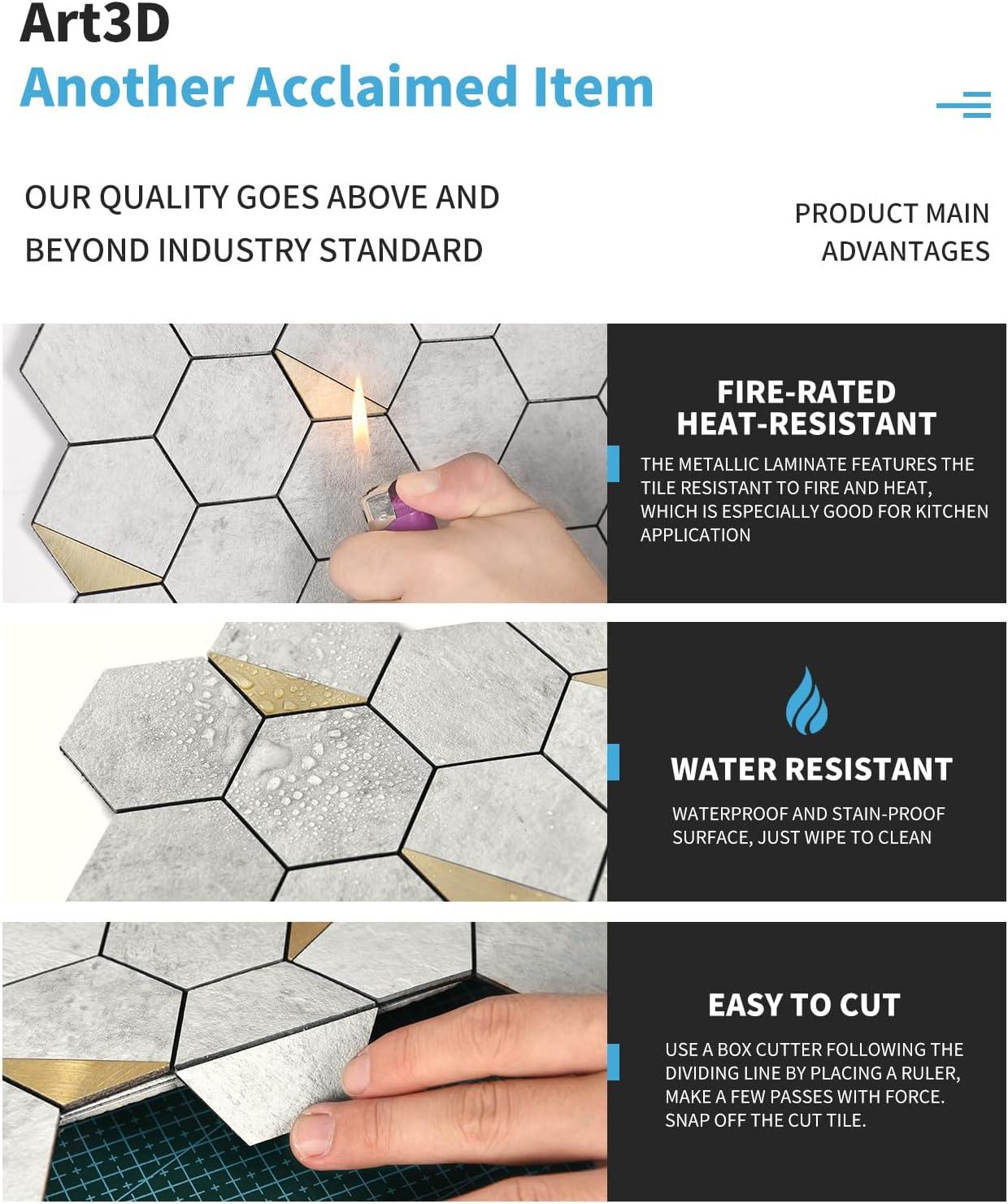 imageArt3d 10Sheet Peel and Stick Backsplash for Kitchen Dcor SelfAdhesive Tile Hexagon Mosaic TilesGray with Gold Metal