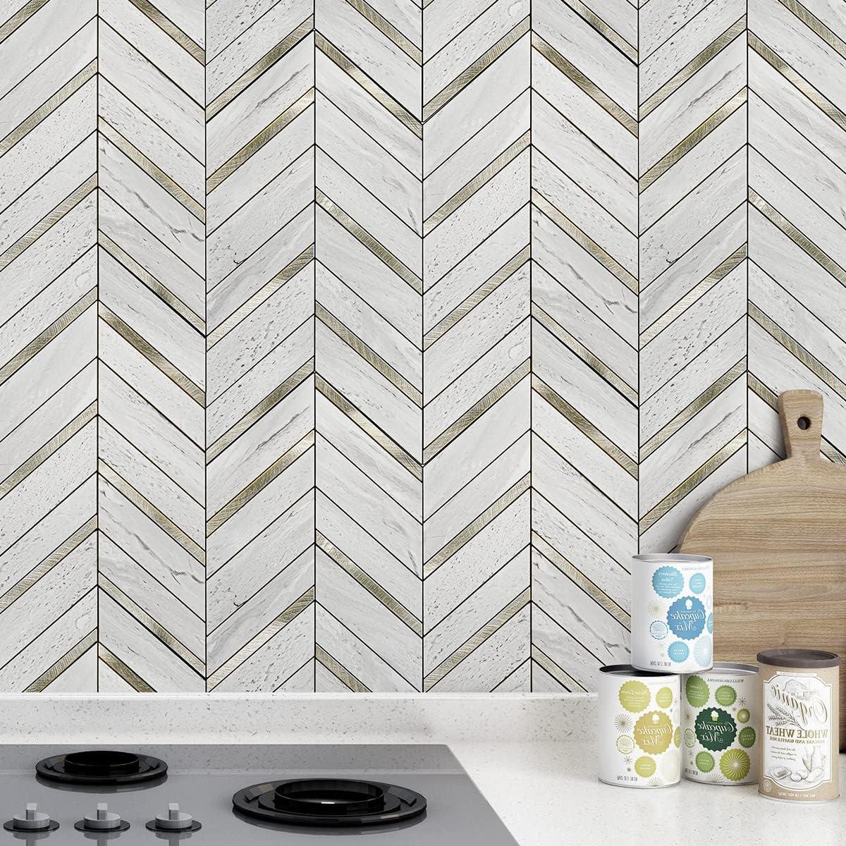 imageArt3d 10Sheet Peel and Stick Backsplash for Kitchen Dcor SelfAdhesive Tile Hexagon Mosaic TilesStone Beige Mixed Gold Metal