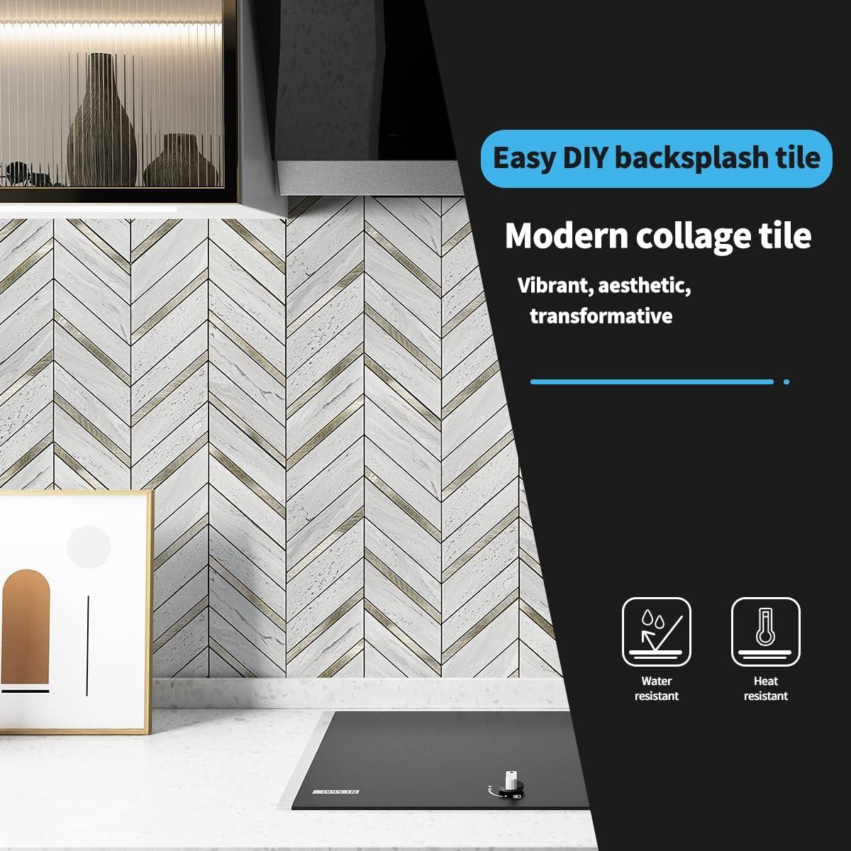 imageArt3d 10Sheet Peel and Stick Backsplash for Kitchen Dcor SelfAdhesive Tile Hexagon Mosaic TilesStone Beige Mixed Gold Metal