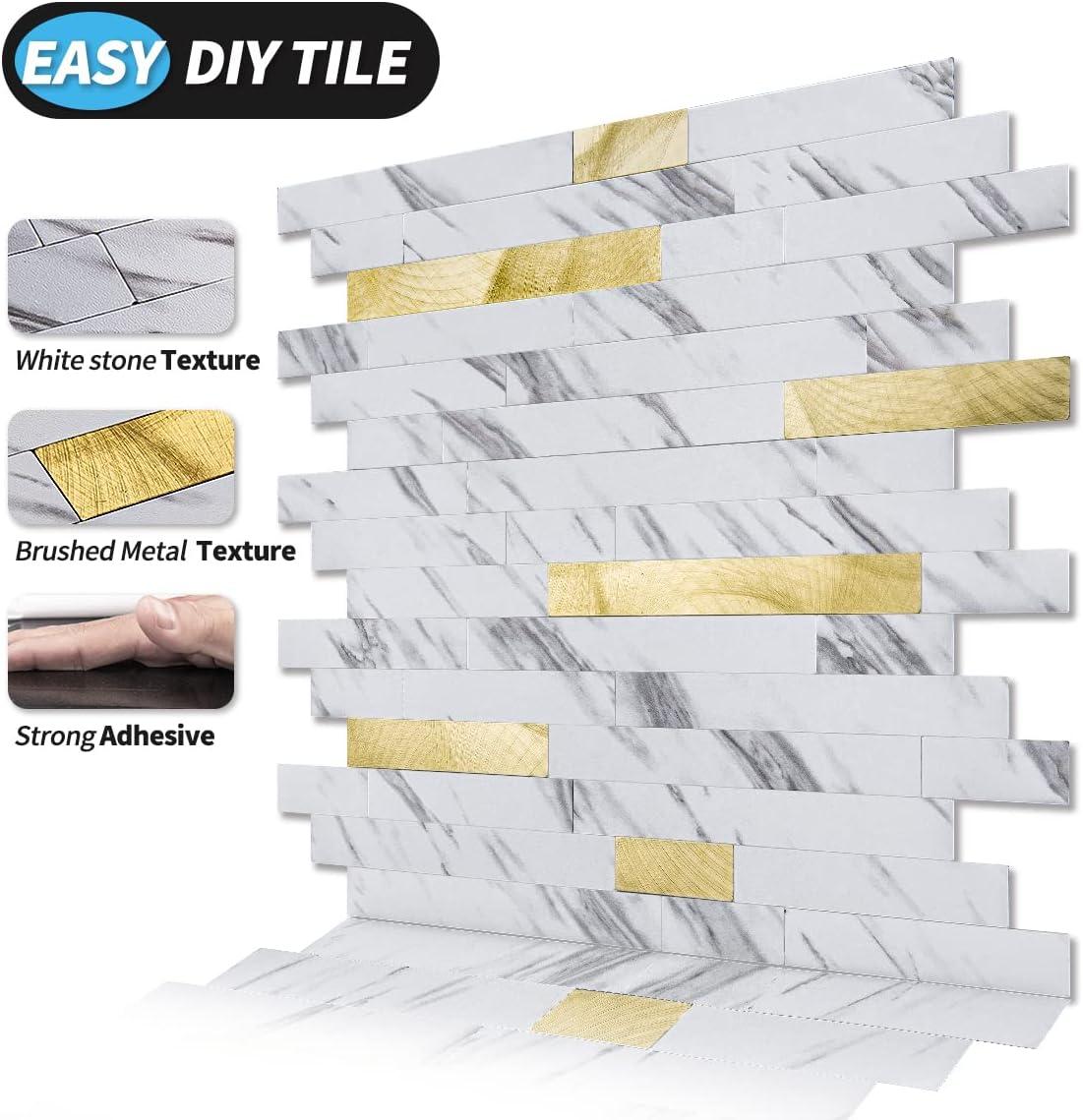 imageArt3d 10Sheet Peel and Stick Stone Overlay Kitchen Backsplash Tile  Volakas White Embellished with Metal GoldWhite Slate with Gold Studded